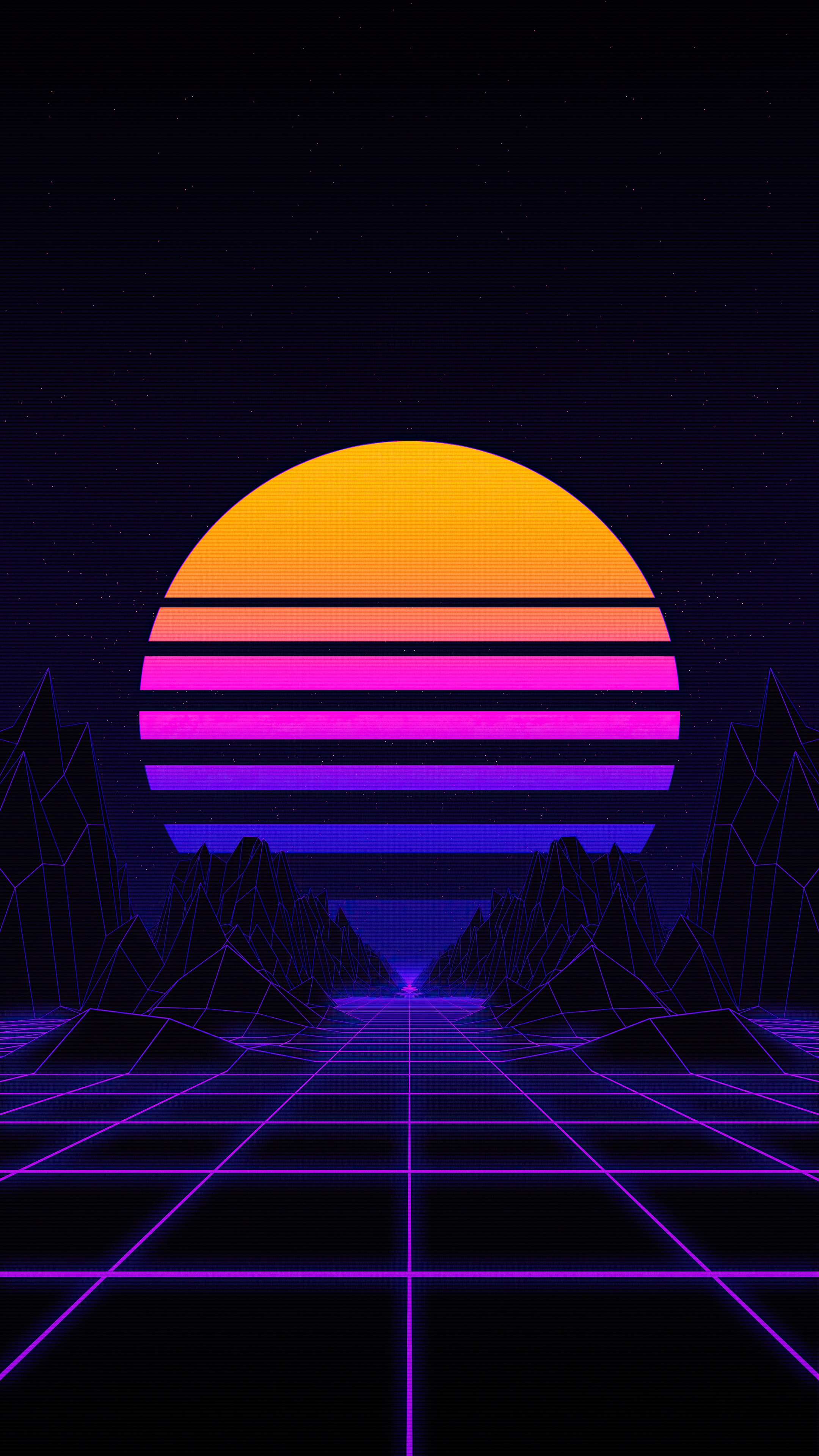 Retrowave digital art with neon grid and sunset HD Phone Wallpaper