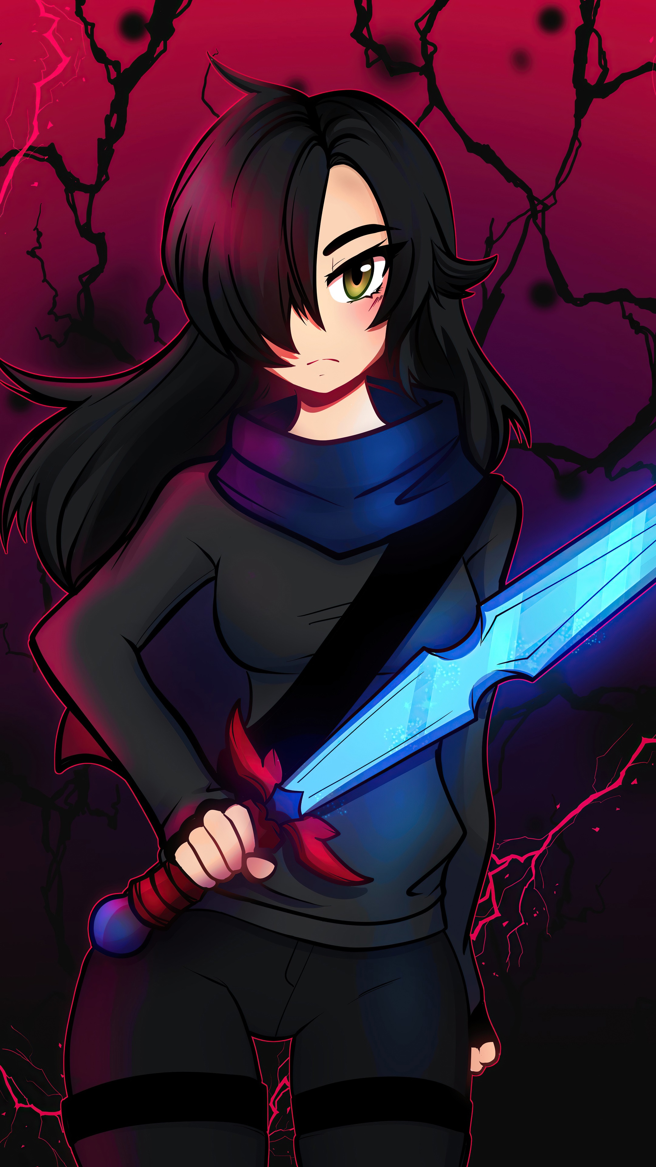 Anime girl with a glowing sword HD Phone Wallpaper