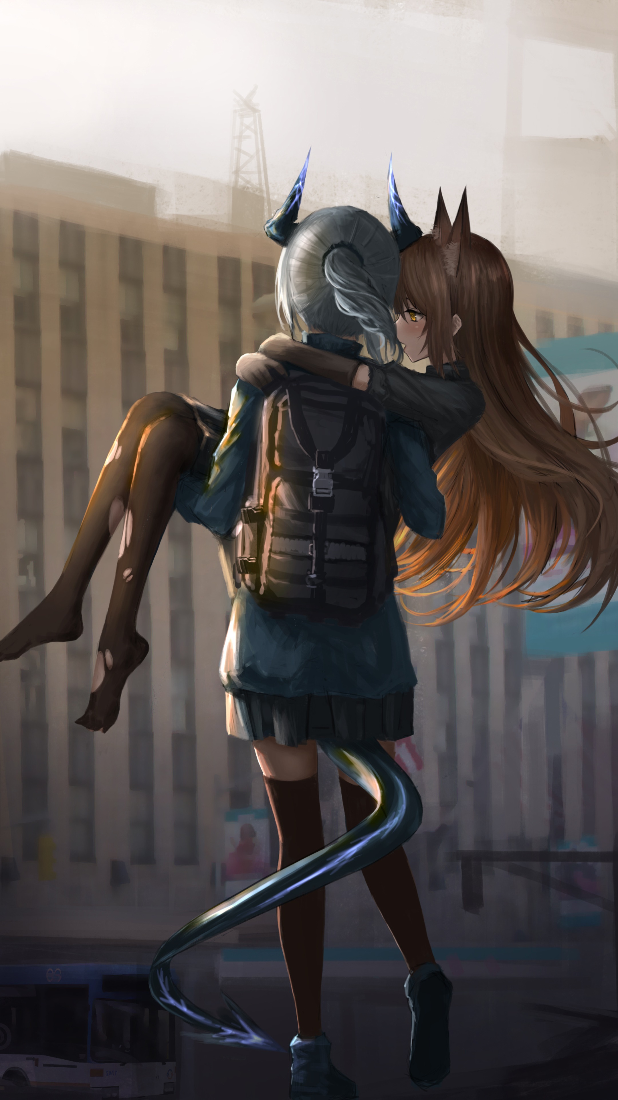 Two girls from Arknights in a city HD Phone Wallpaper