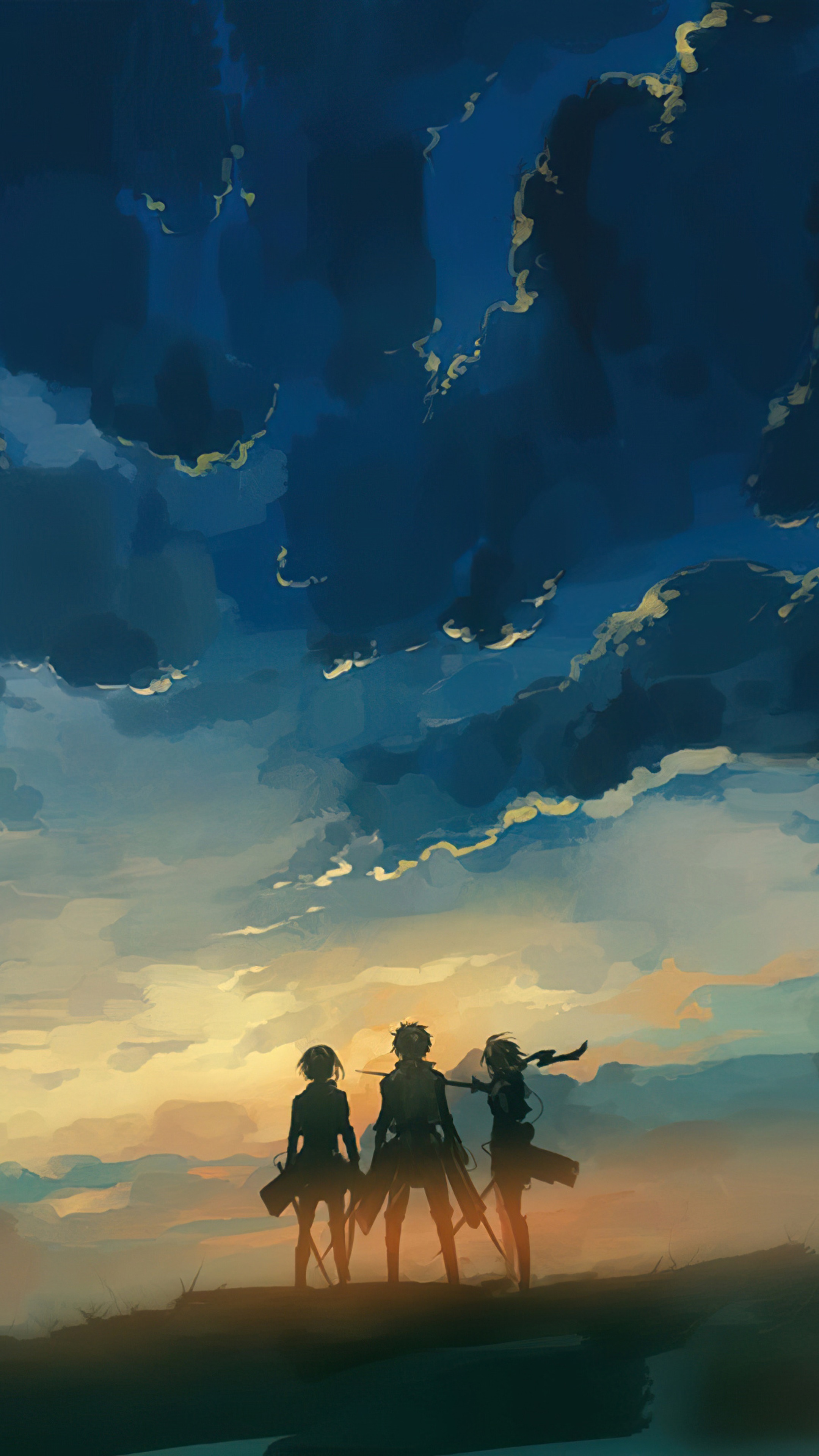 Attack on Titan characters against a sunset sky HD Phone Wallpaper