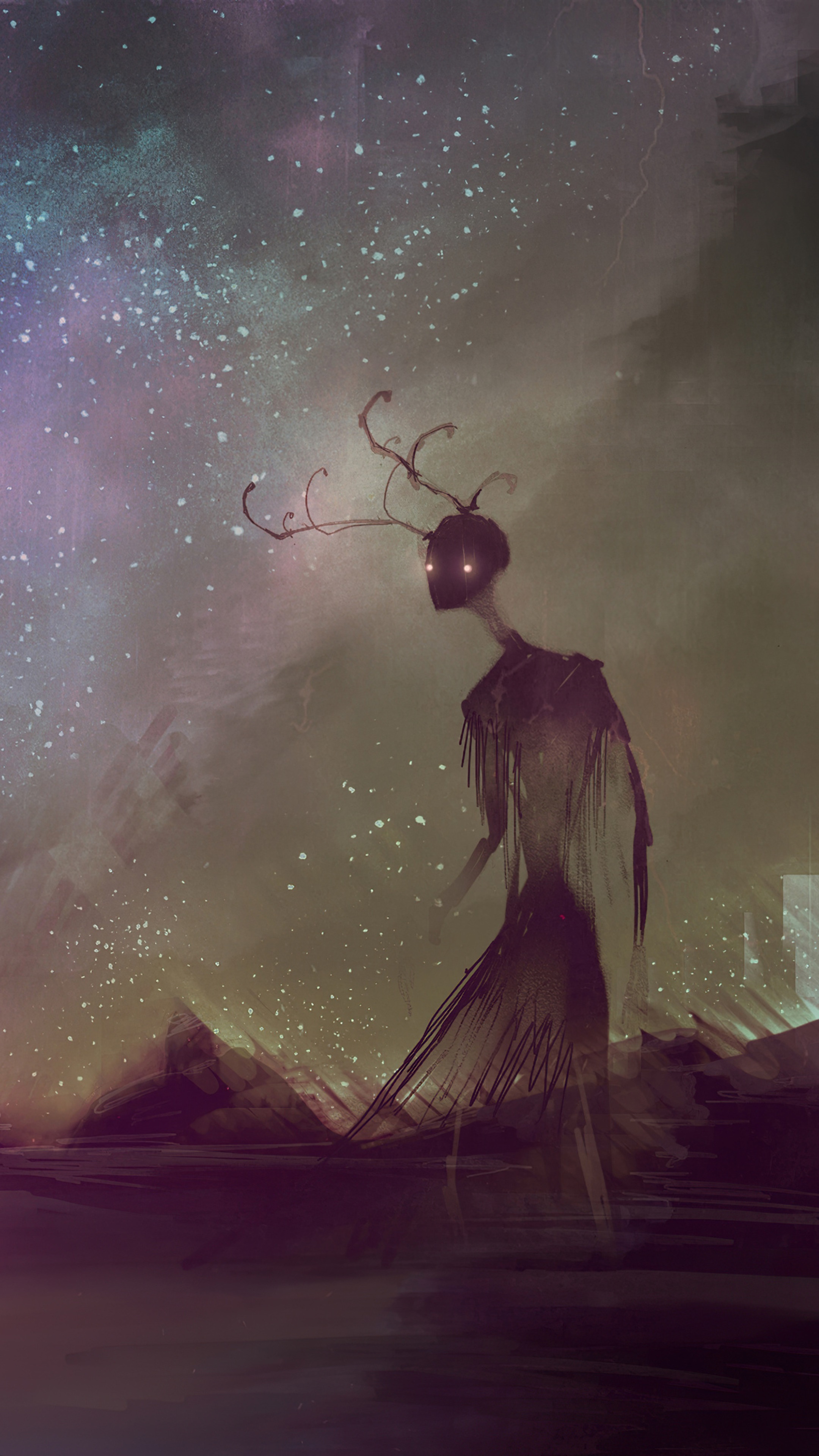 Creature with Antlers in a Starry Landscape HD Phone Wallpaper