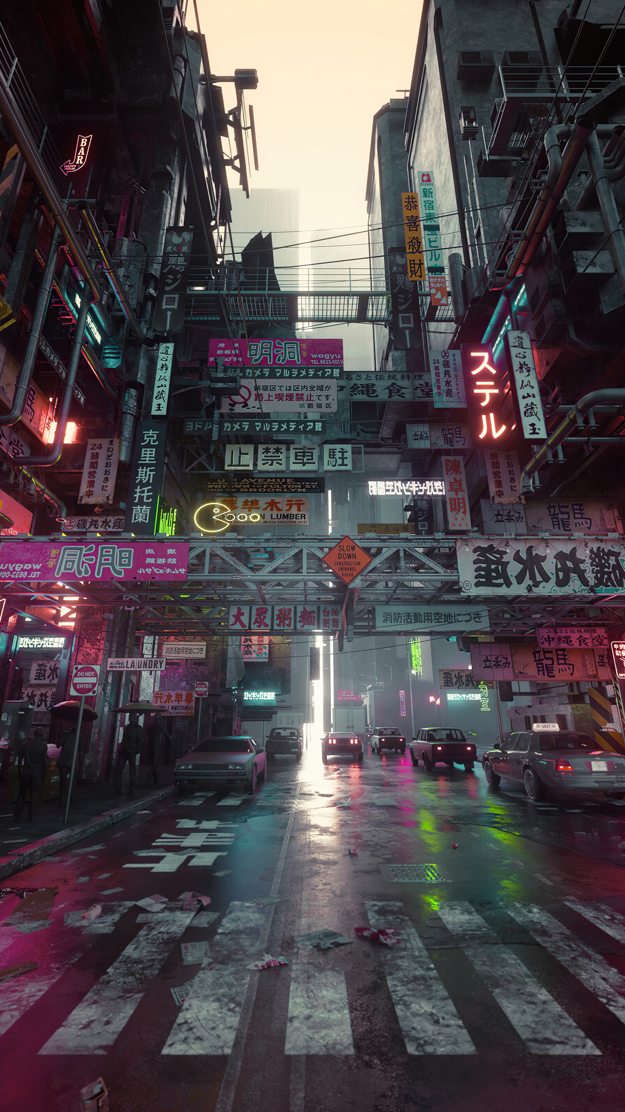 Cyberpunk City Street with Neon Signs and Cars HD Phone Wallpaper