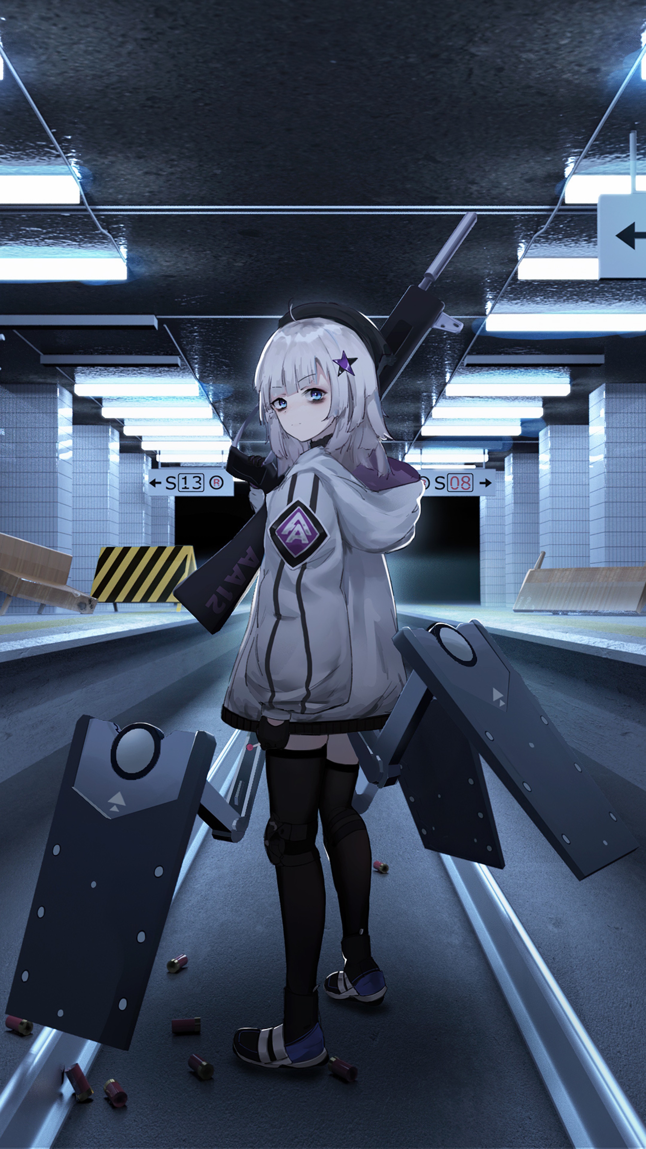 Anime girl with rifle and shields in subway HD Phone Wallpaper