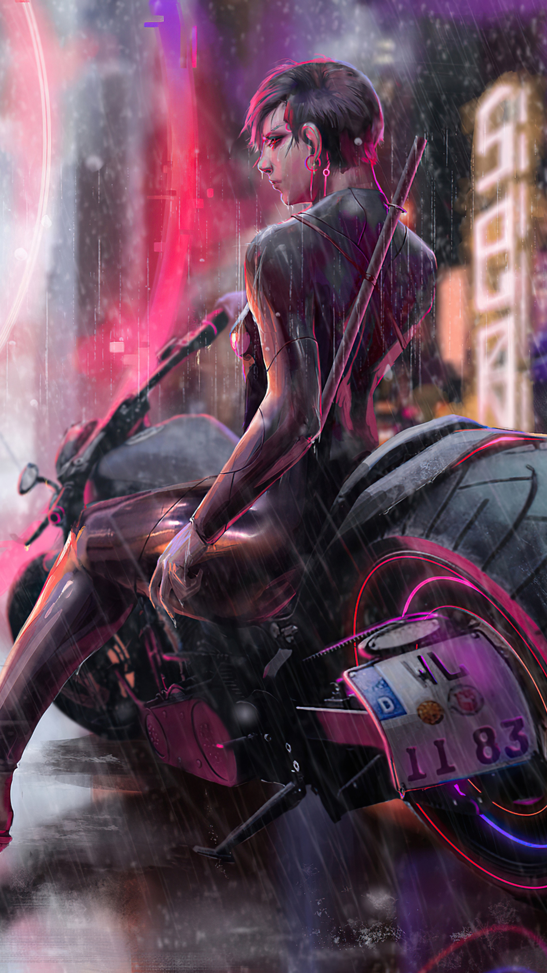 Cyberpunk woman on a motorcycle in the rain HD Phone Wallpaper