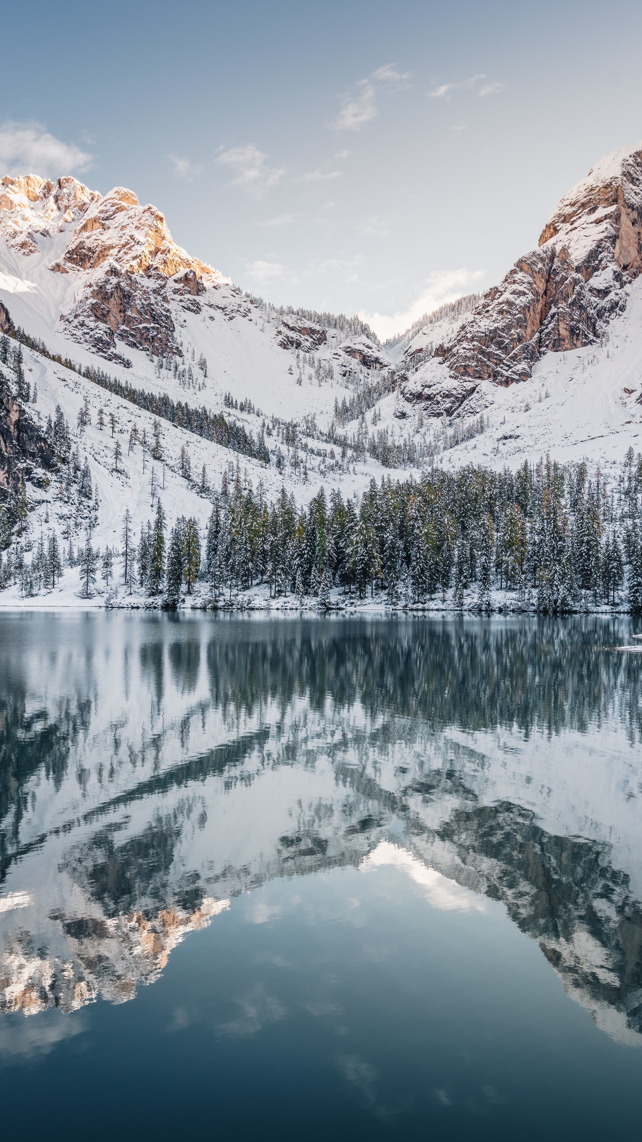 Snowy mountains reflected in a calm lake HD Phone Wallpaper