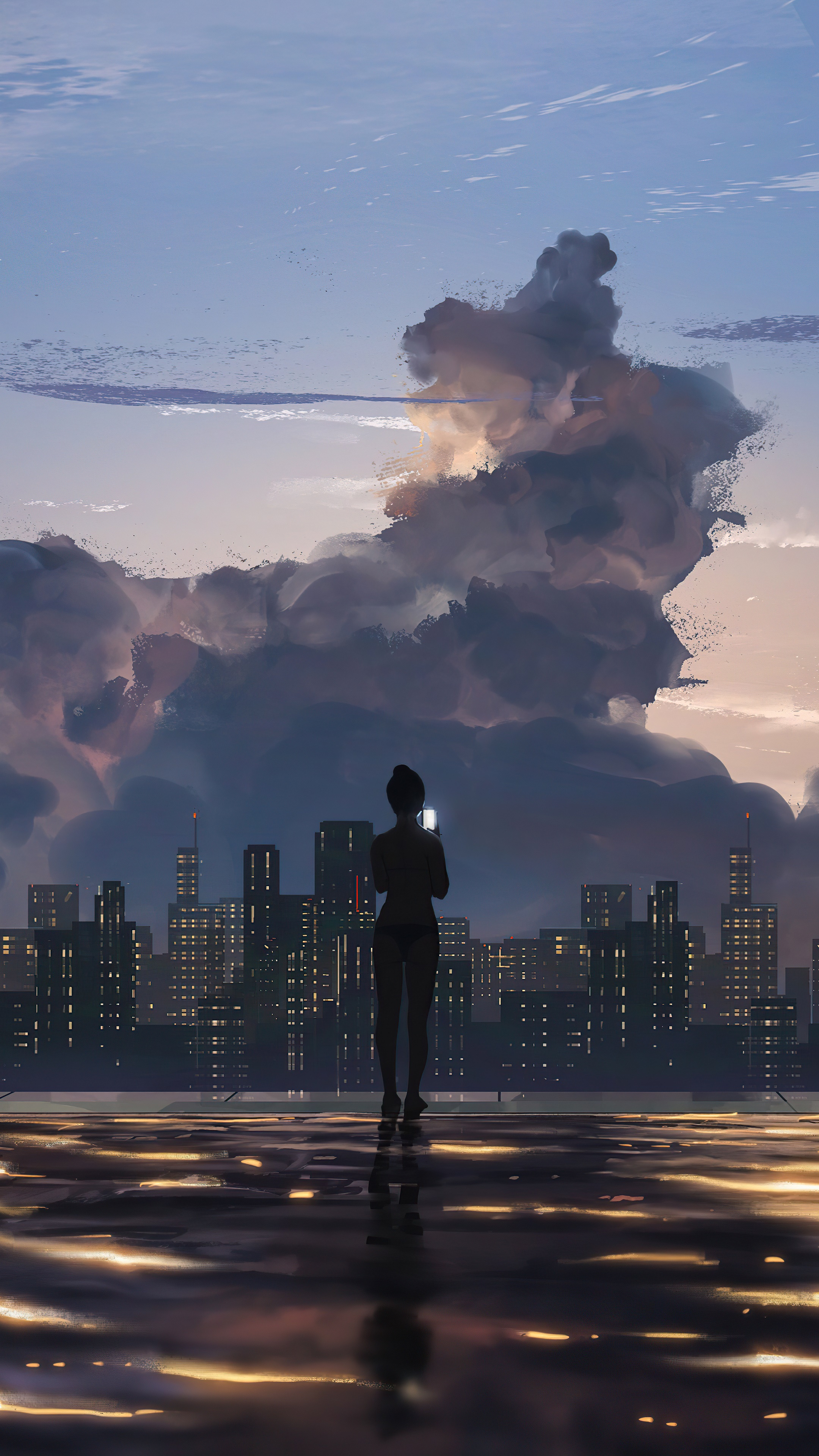 Woman with phone overlooking city at dusk HD Phone Wallpaper