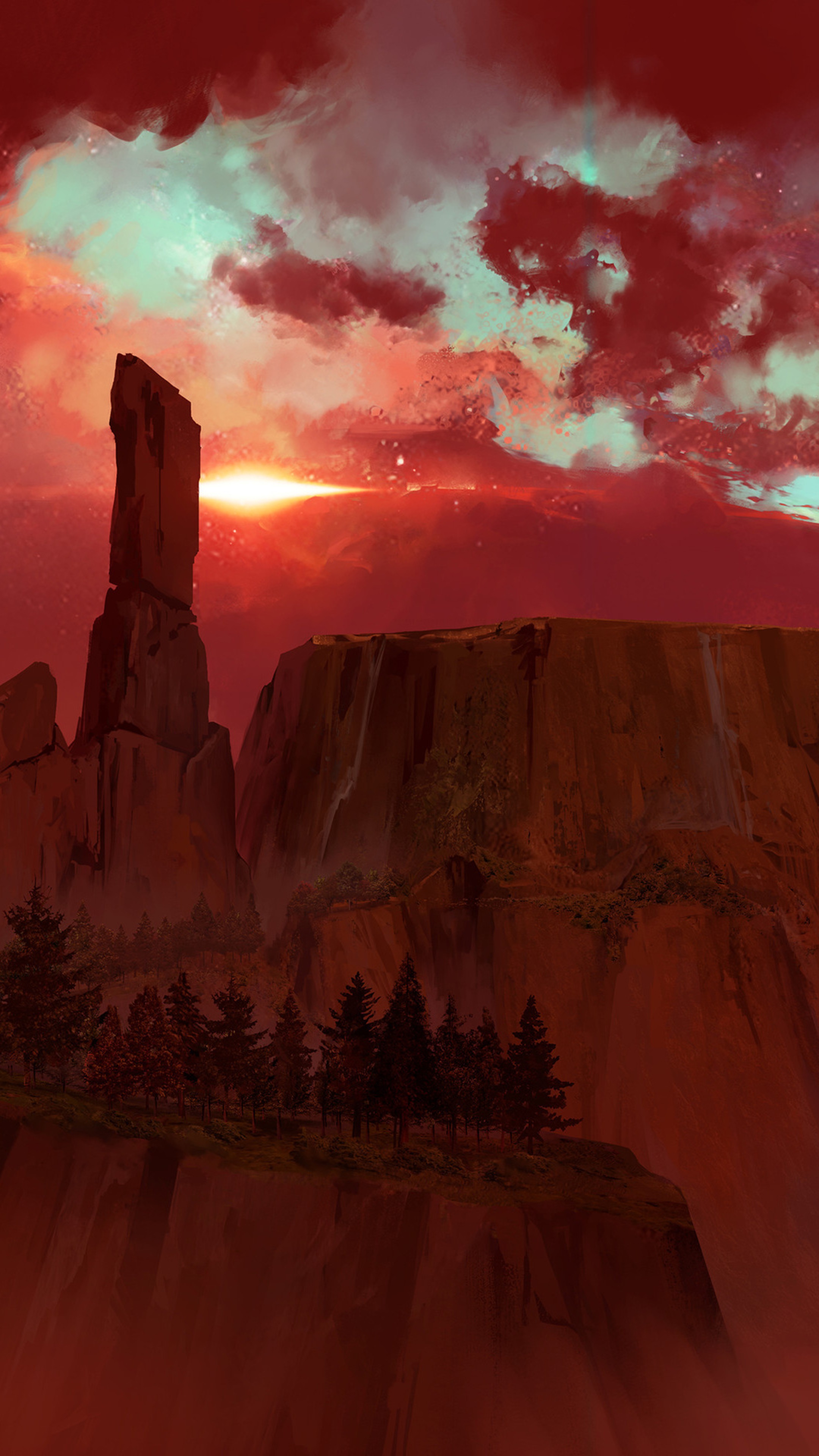 Digital art of a rocky landscape at sunset HD Phone Wallpaper