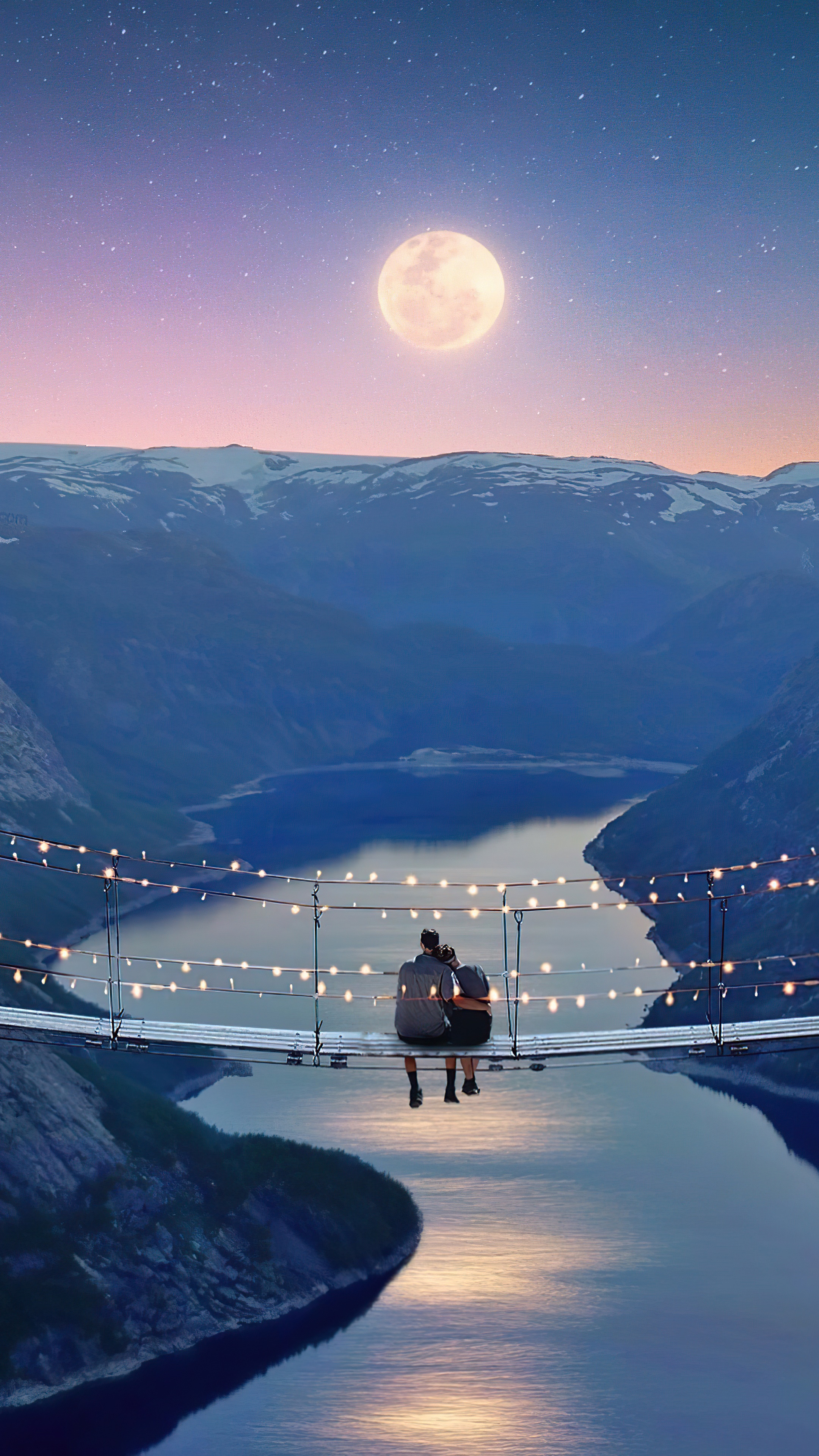 Couple on bridge overlooking fjord at night with moon HD Phone Wallpaper