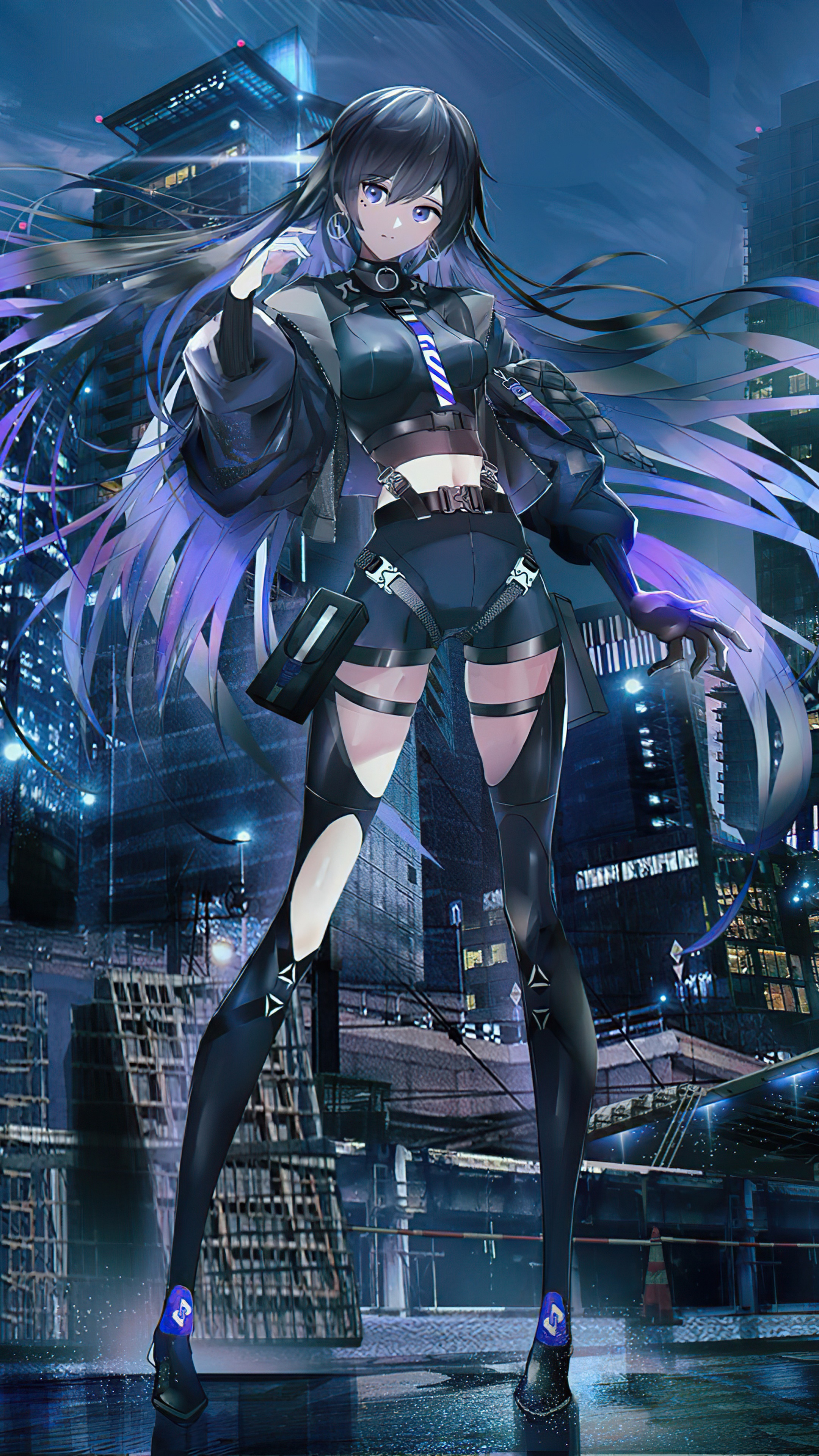 Anime girl in futuristic outfit in city at night HD Phone Wallpaper