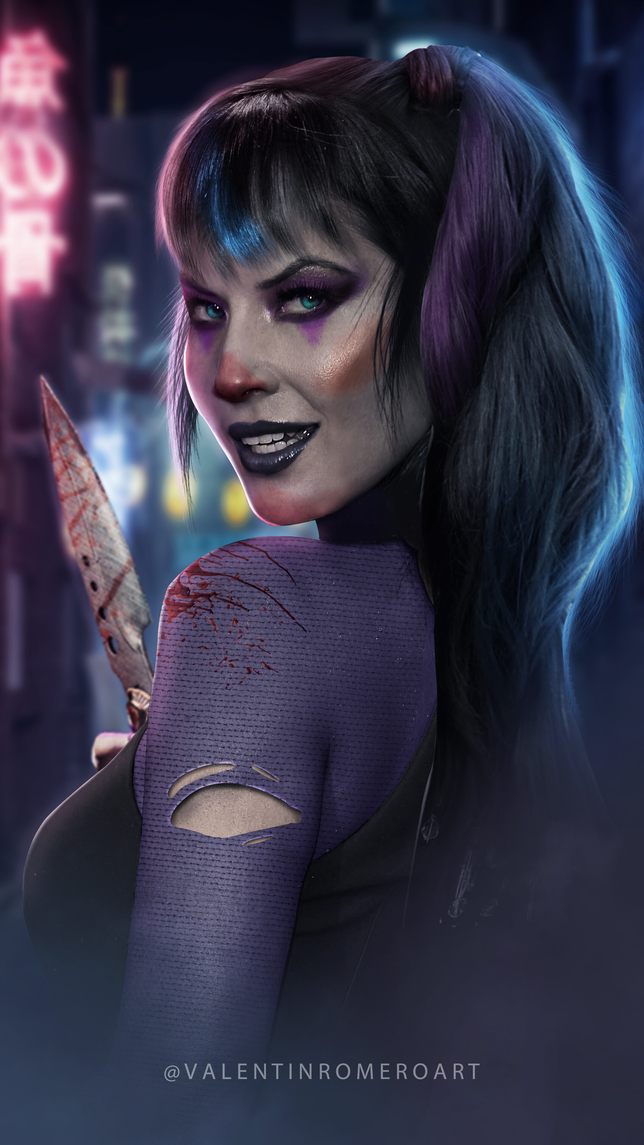 Artwork of a woman with clown makeup and a knife HD Phone Wallpaper