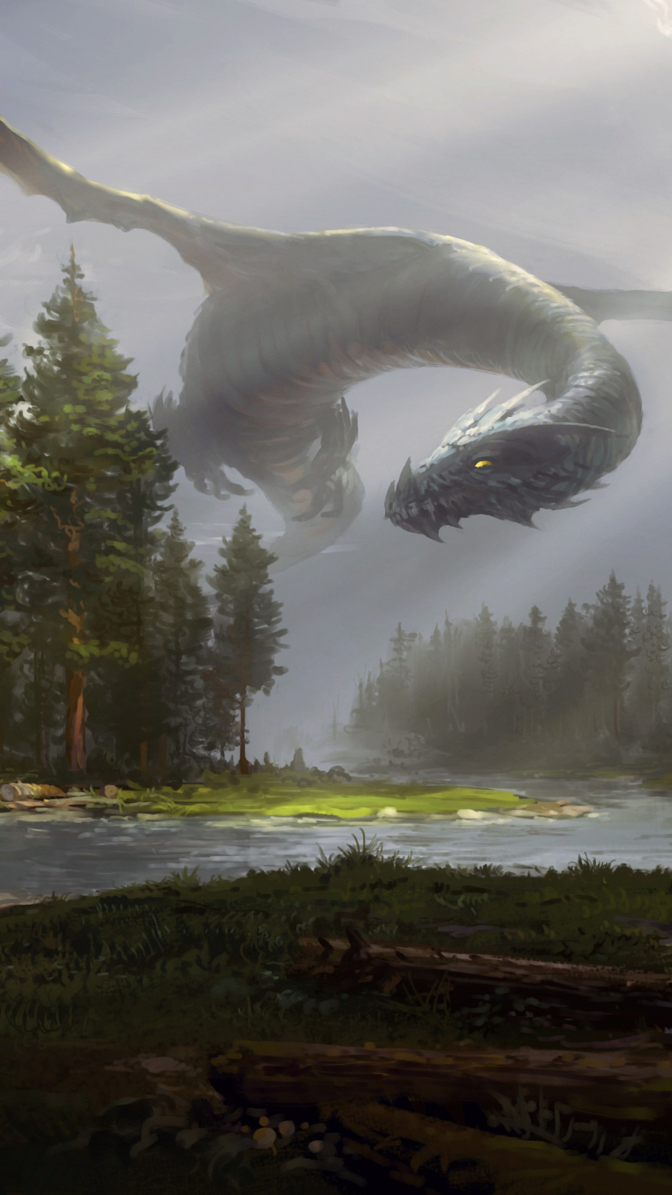 Dragon flying over a forest and river HD Phone Wallpaper