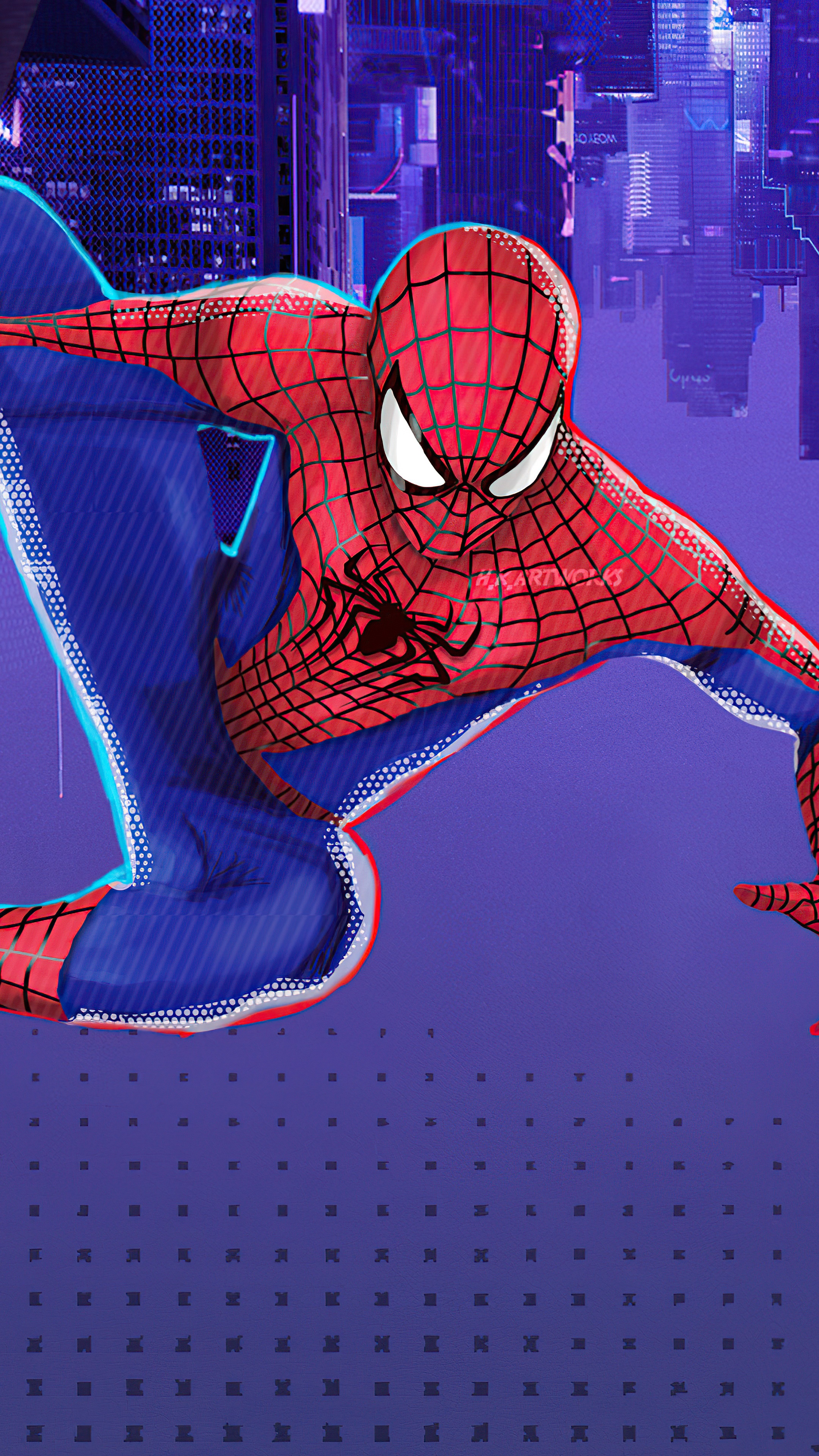 Spider-Man artwork in a stylized city HD Phone Wallpaper
