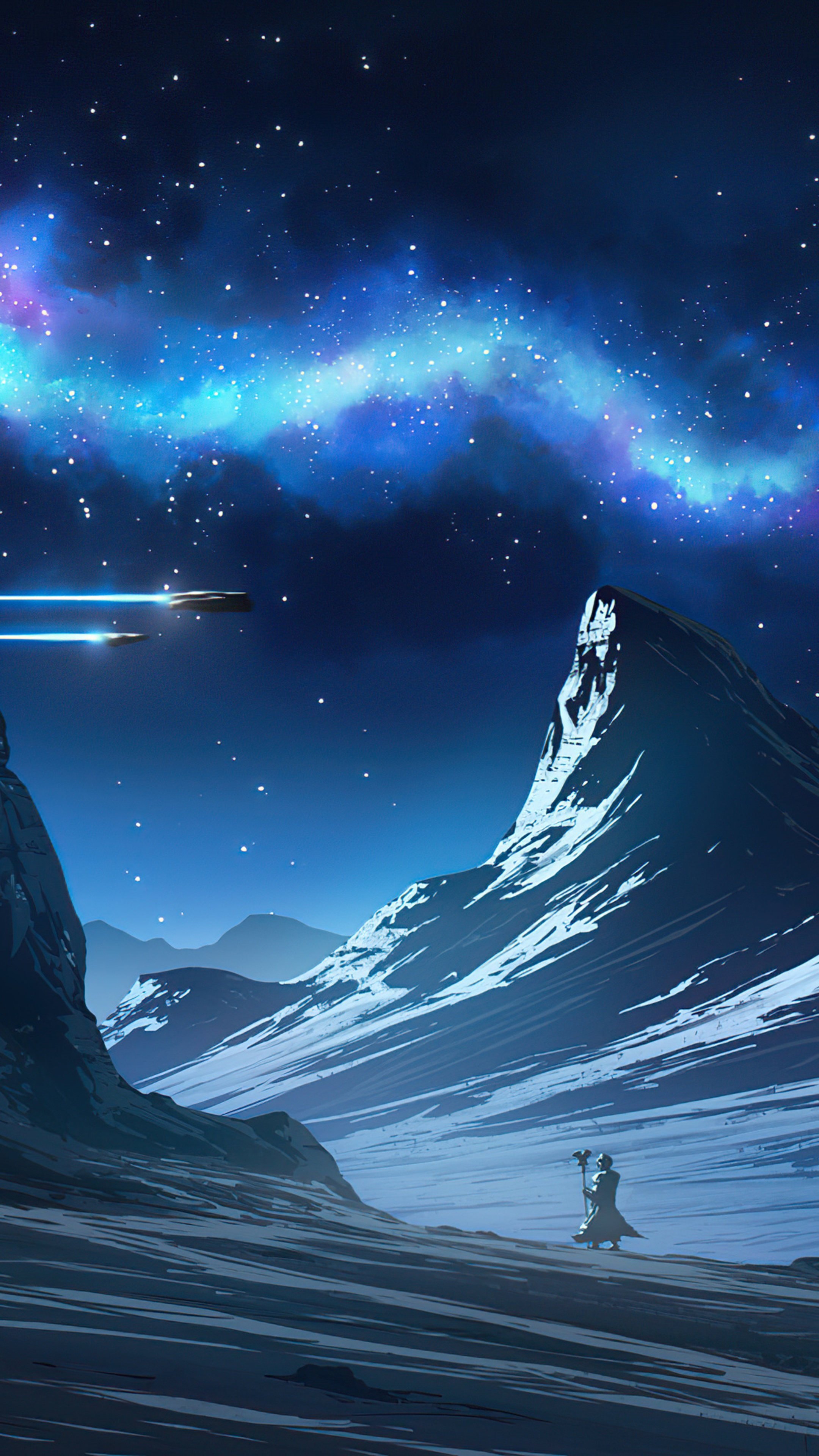 Warrior in a snowy landscape under a starry sky HD Phone Wallpaper