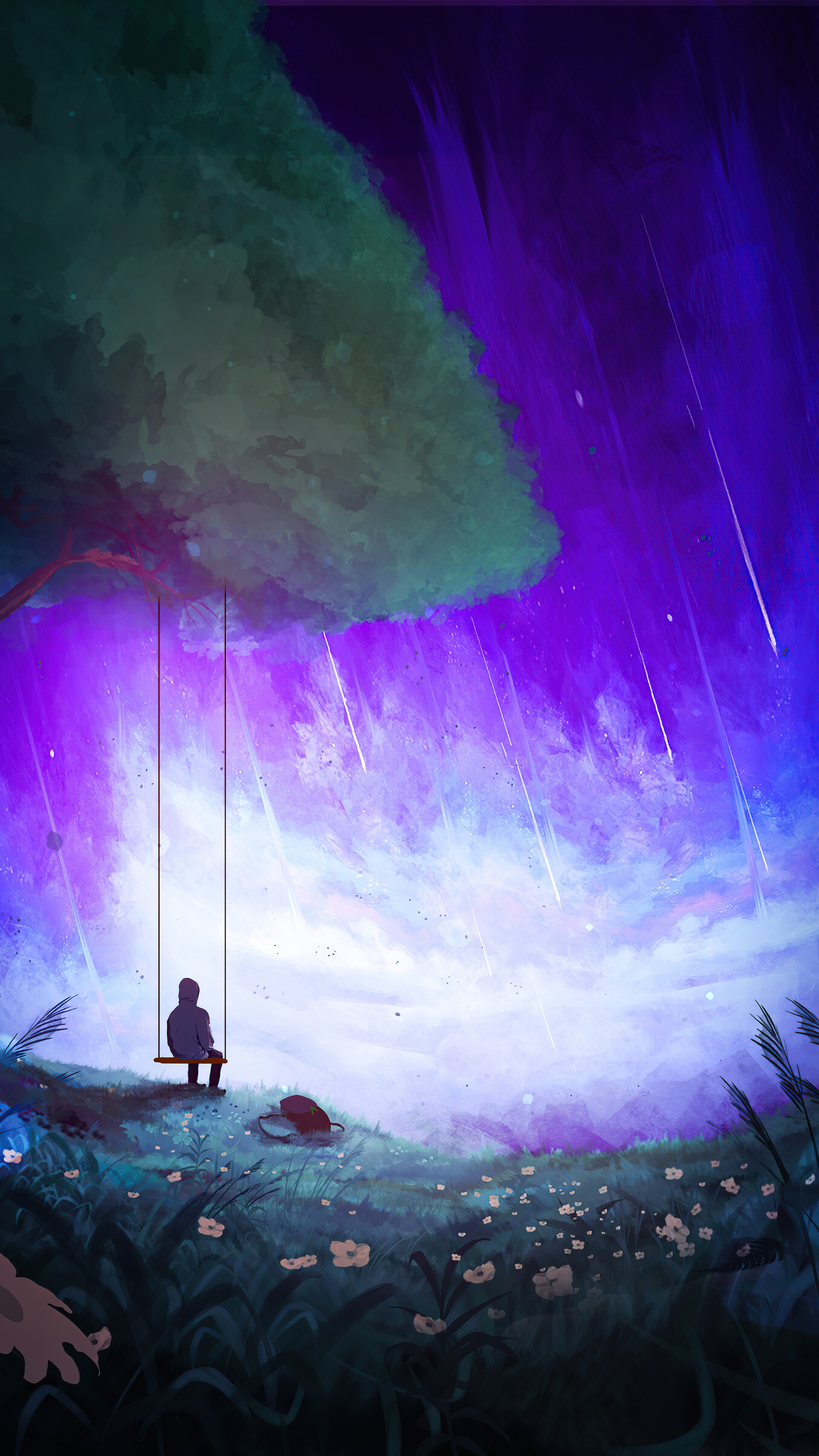 Person on a swing under a tree with meteor shower HD Phone Wallpaper