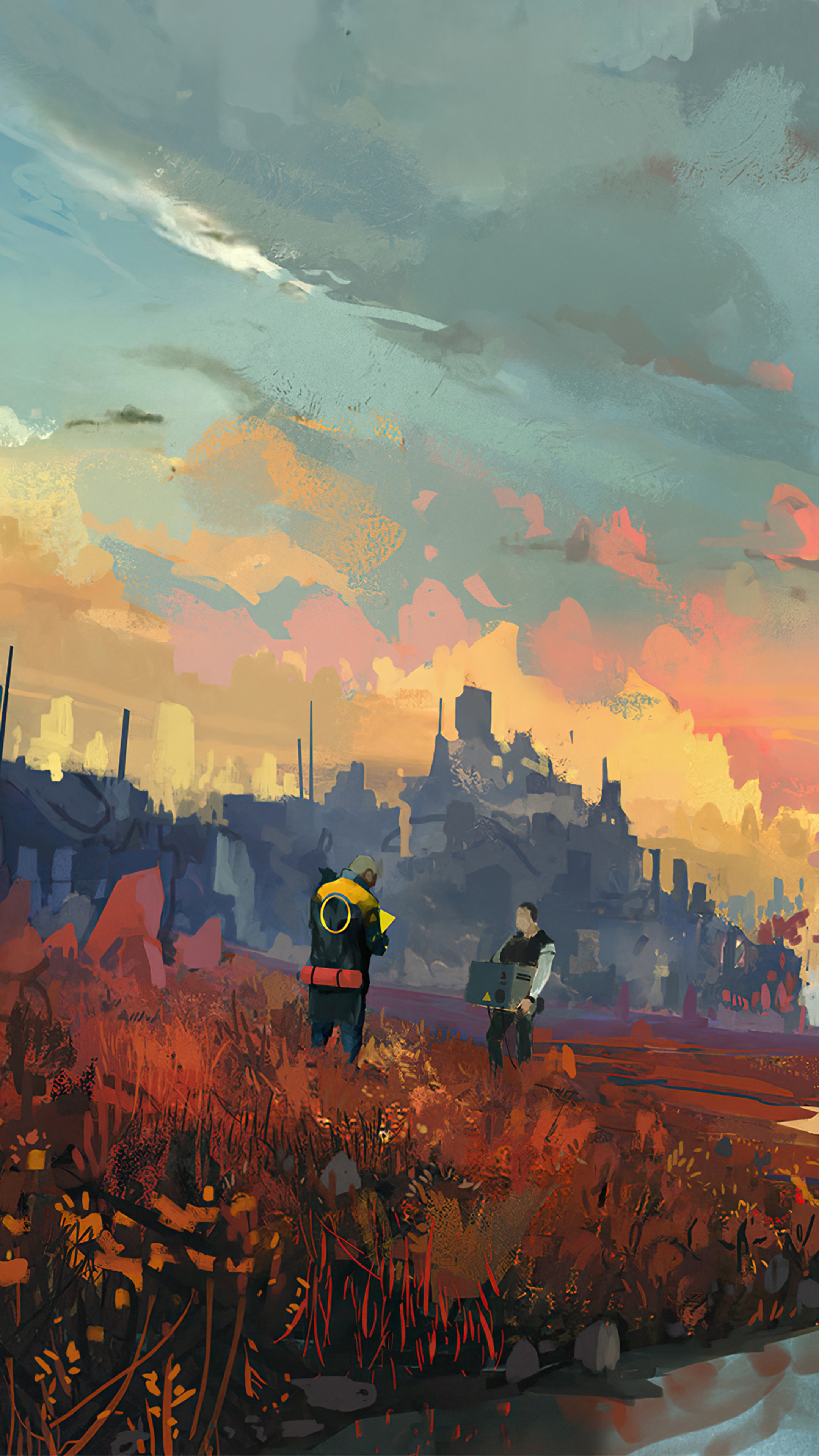 Two figures in a post-apocalyptic landscape HD Phone Wallpaper