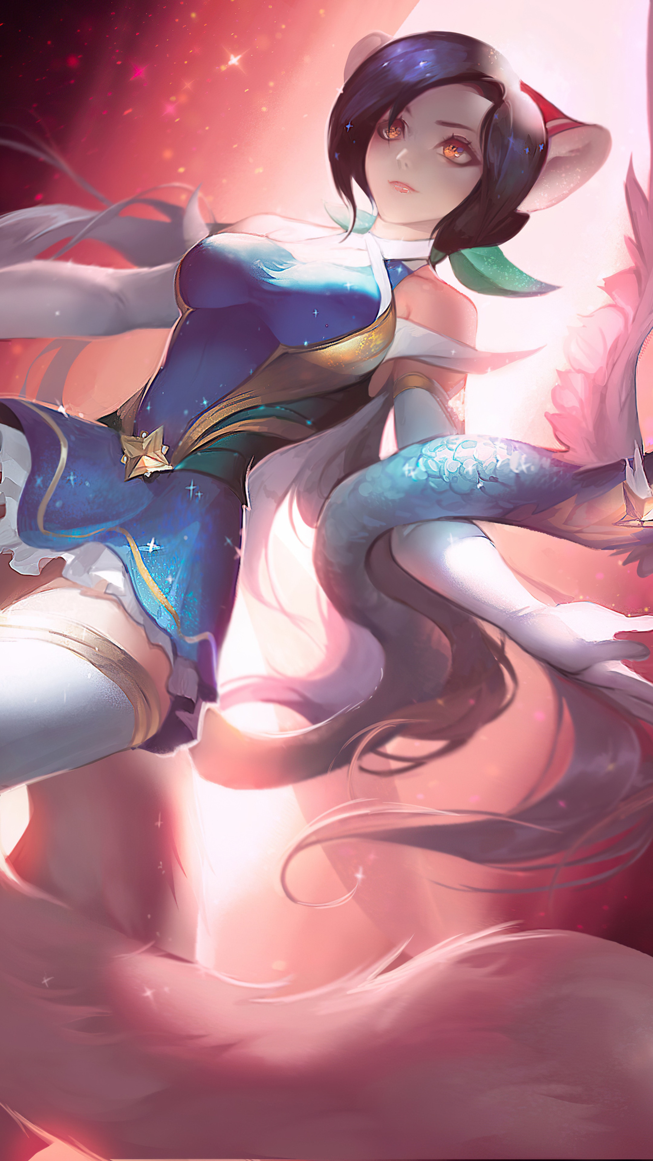 Artwork of a woman with cat ears and a starry dress HD Phone Wallpaper