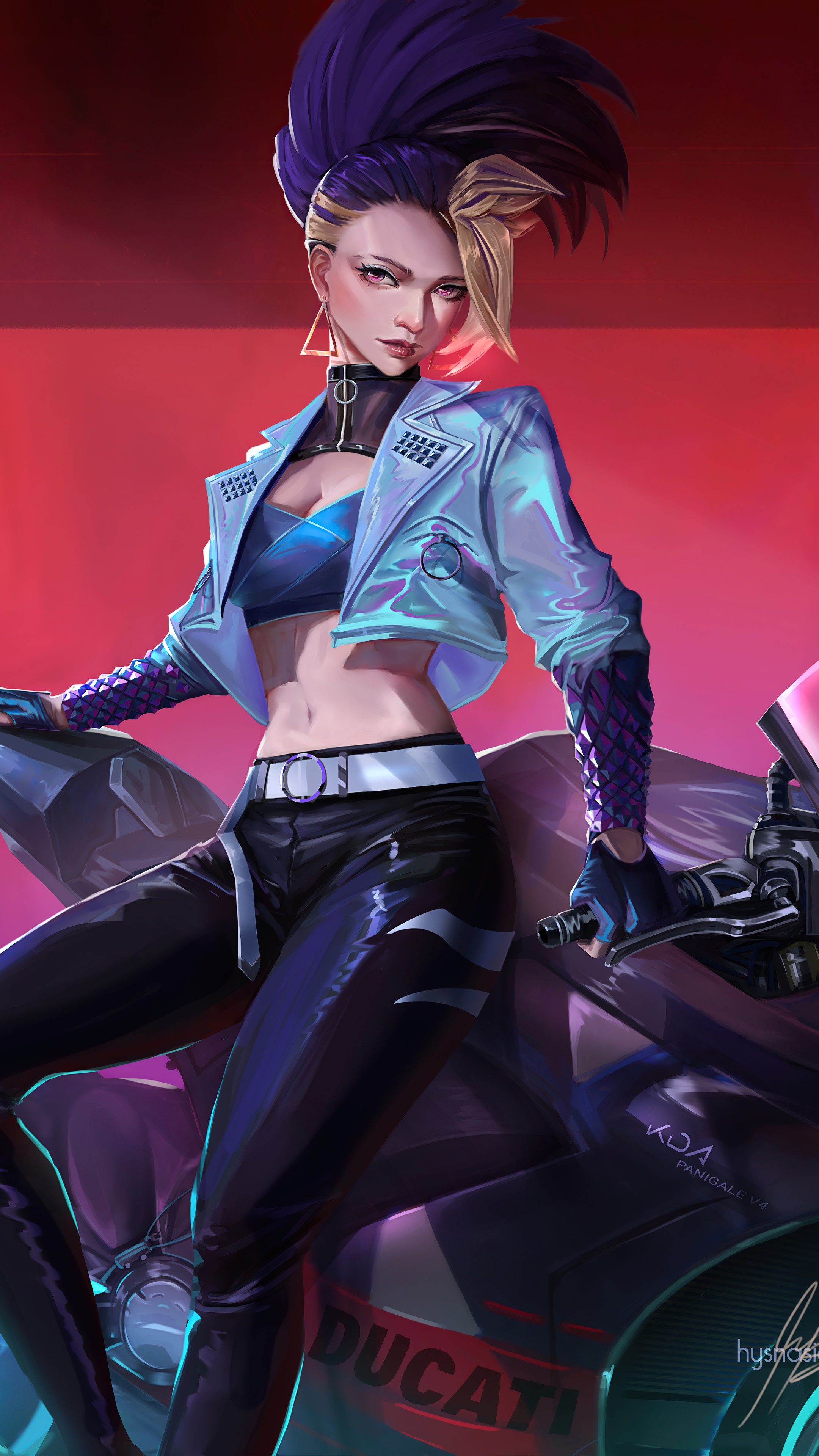 Akali from League of Legends on a Ducati motorcycle HD Phone Wallpaper