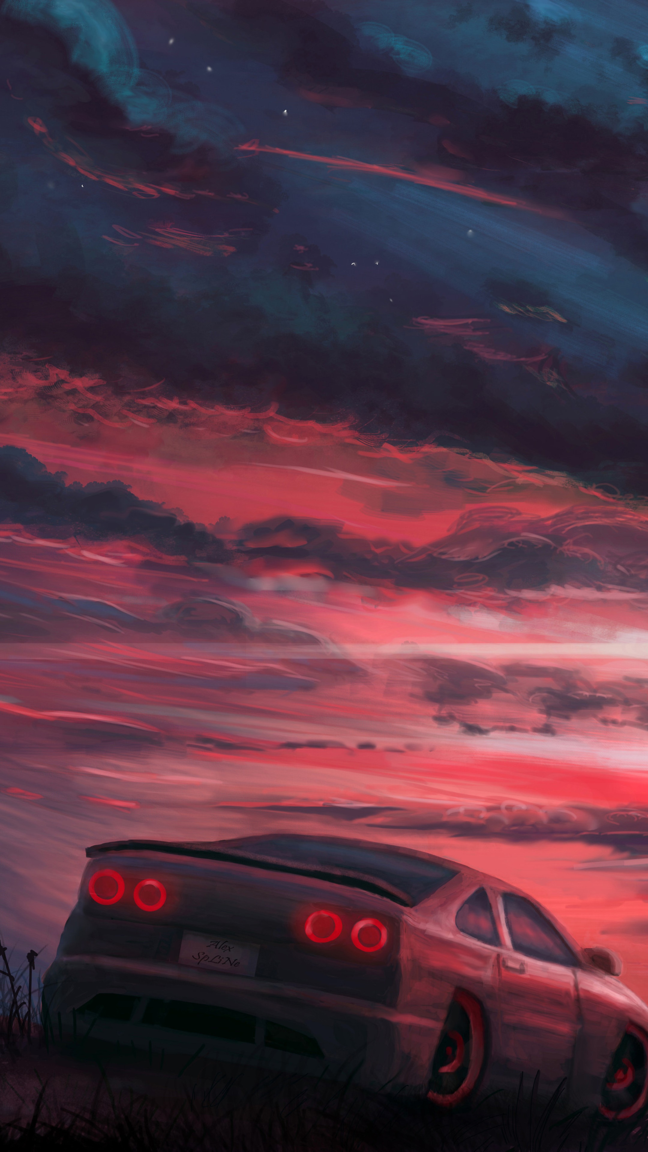 Car parked under a dramatic sunset sky HD Phone Wallpaper