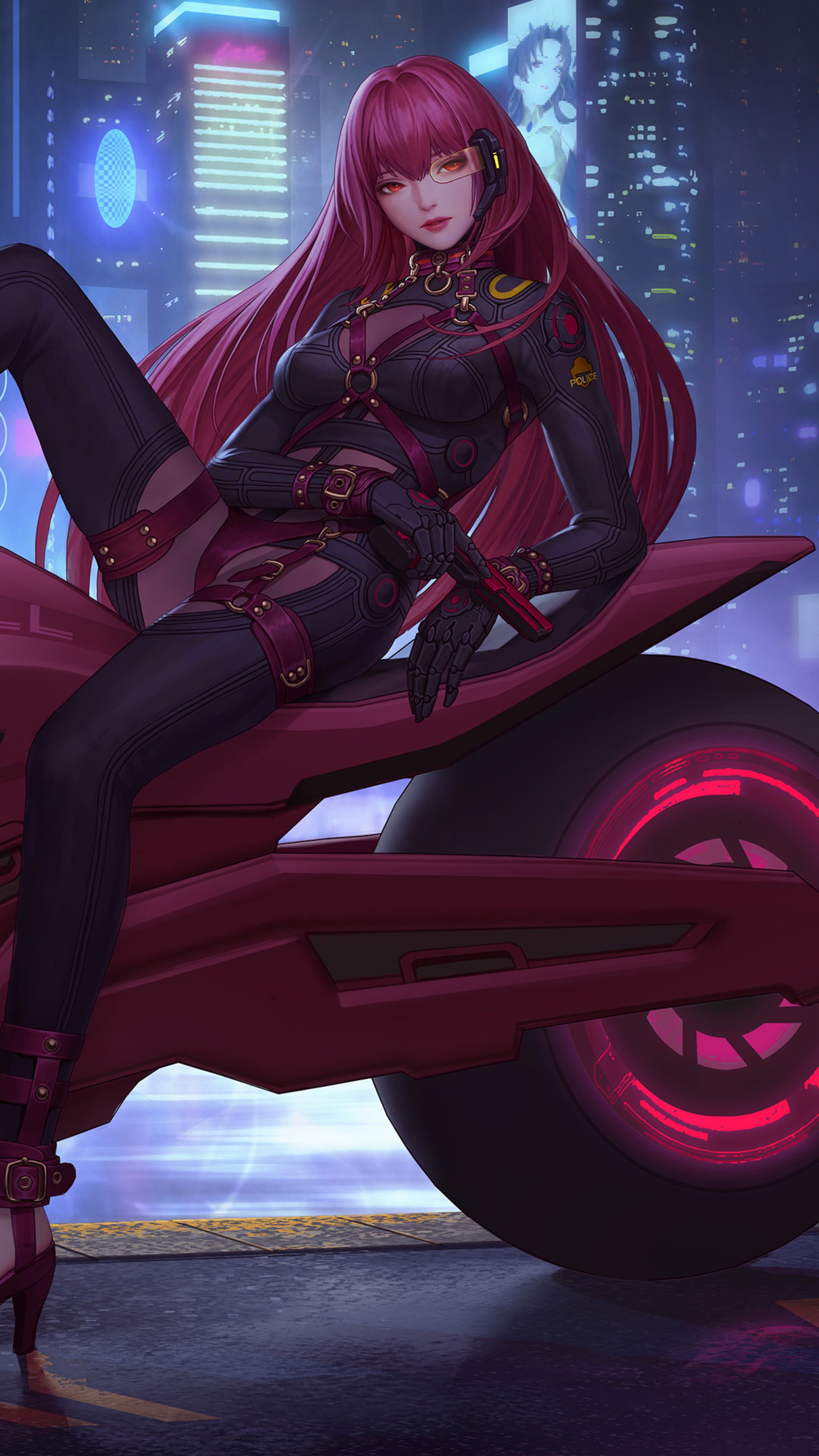 Anime girl with red hair on a motorcycle HD Phone Wallpaper