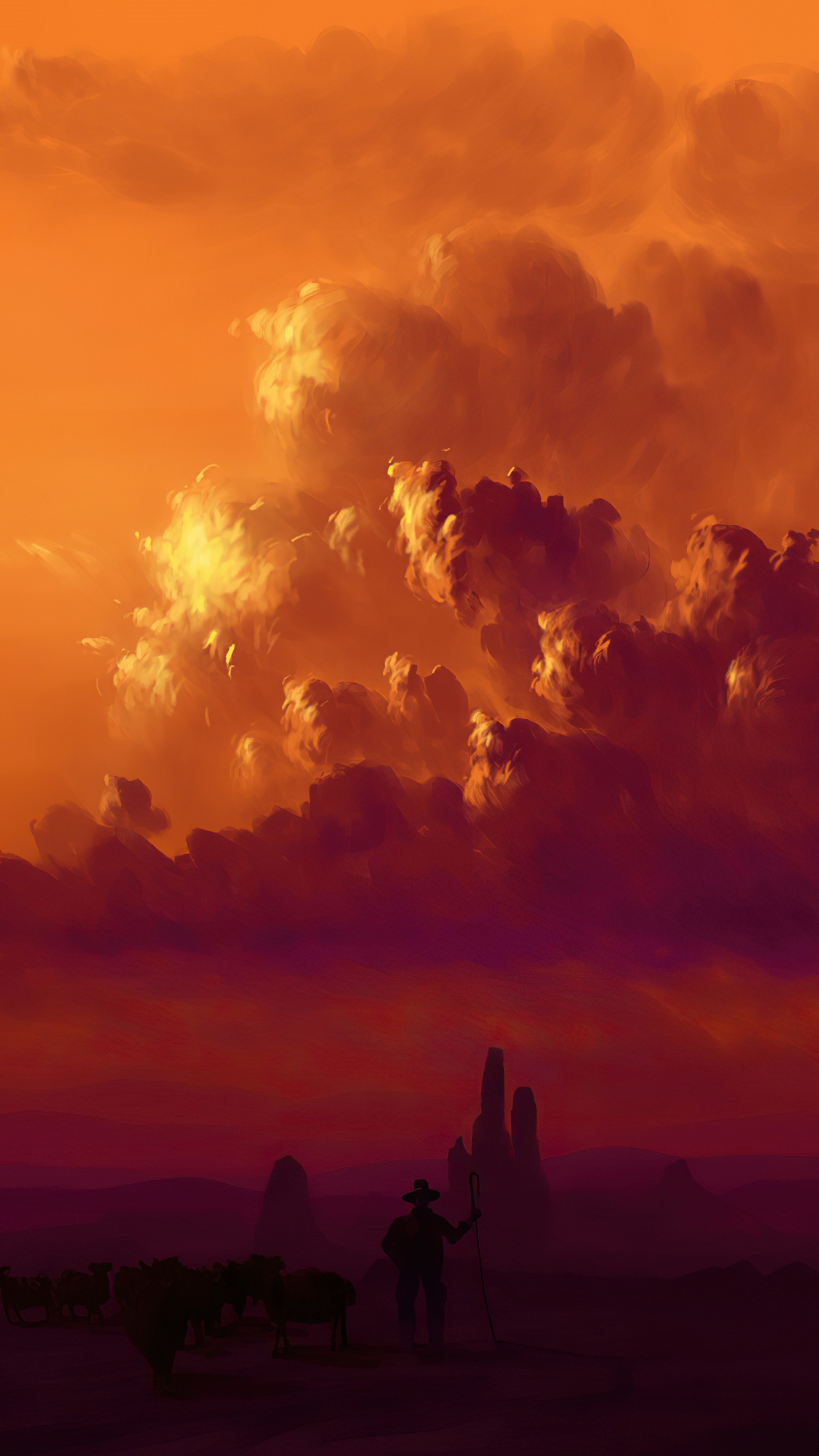 Cowboy with herd at sunset HD Phone Wallpaper