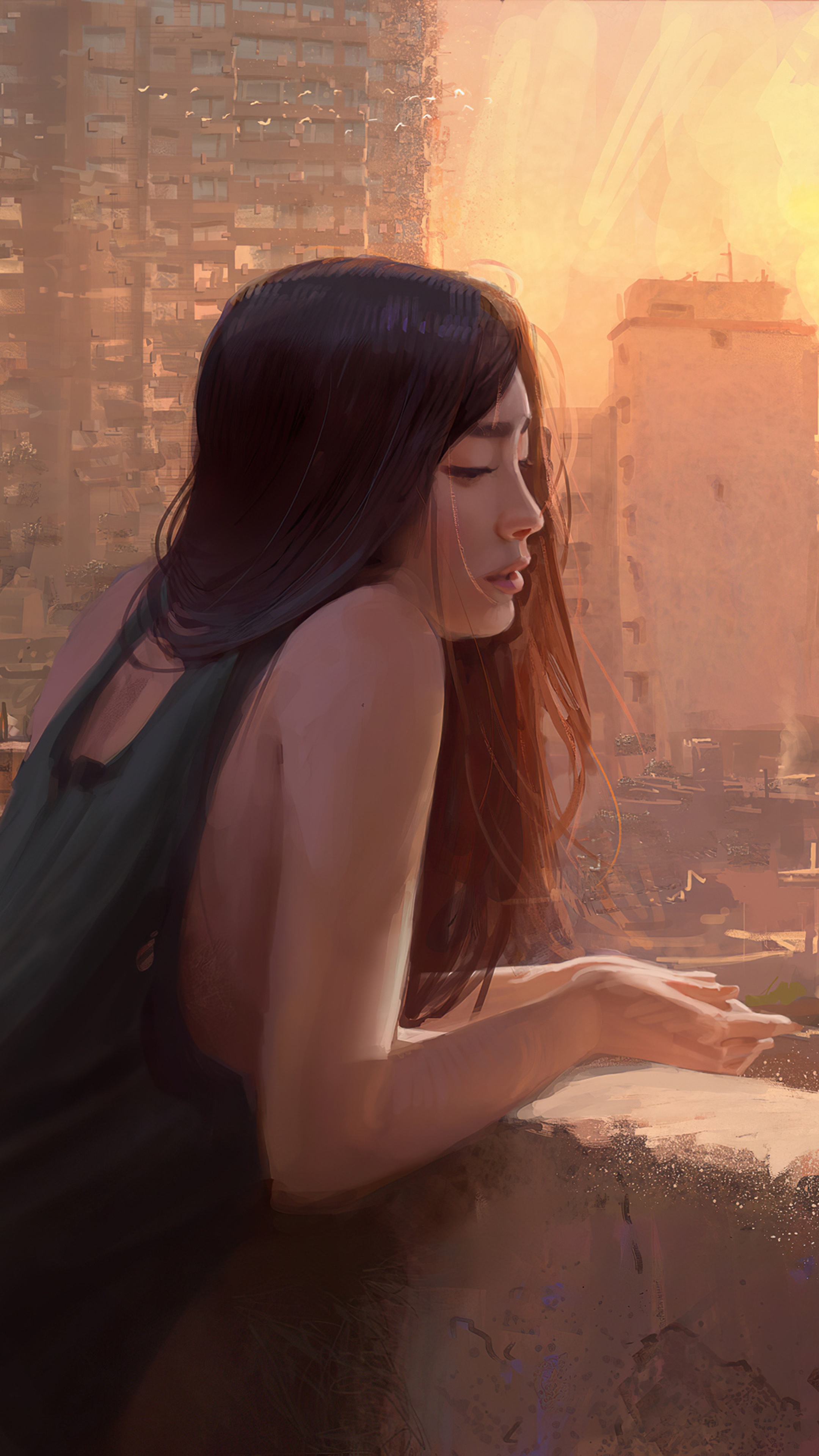 Artwork of a woman on a balcony at sunset HD Phone Wallpaper