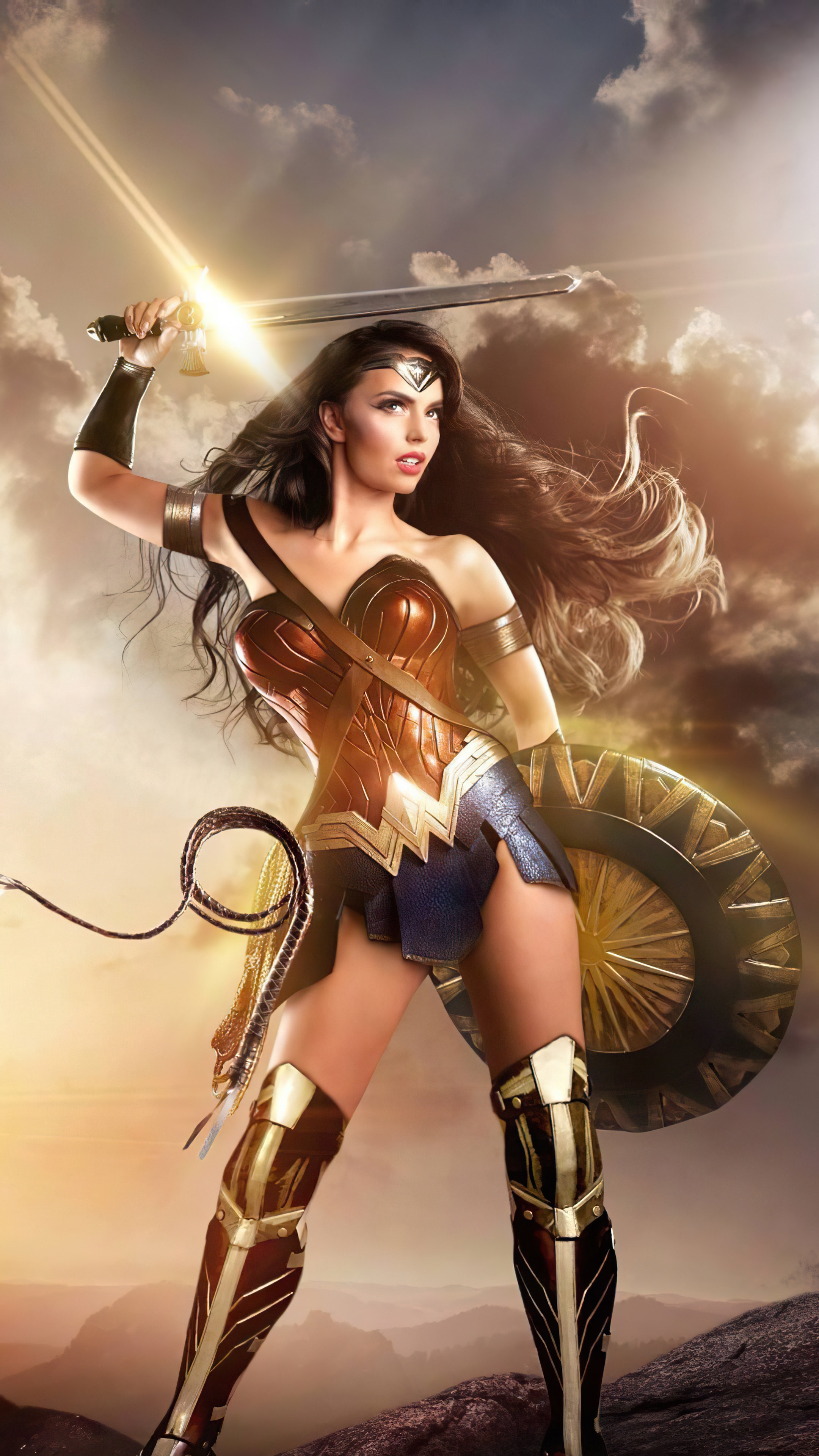 Wonder Woman cosplay with sword and shield 4K HD Phone Wallpaper