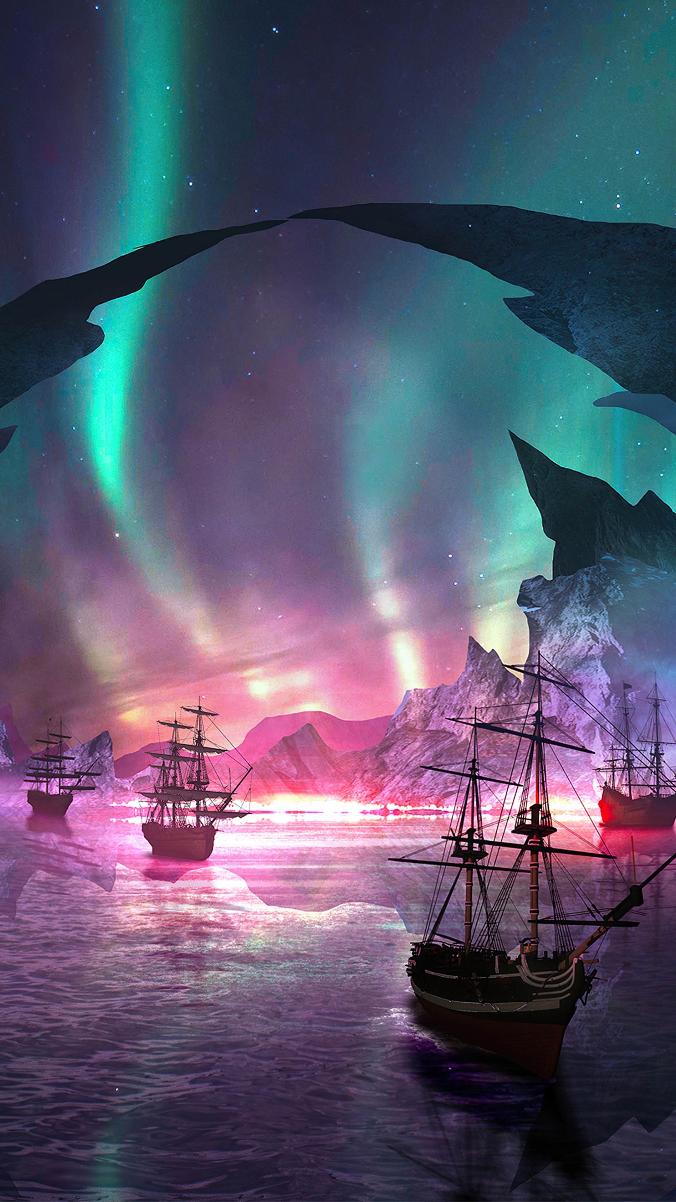 Sailing Ships Under Aurora Borealis HD Phone Wallpaper