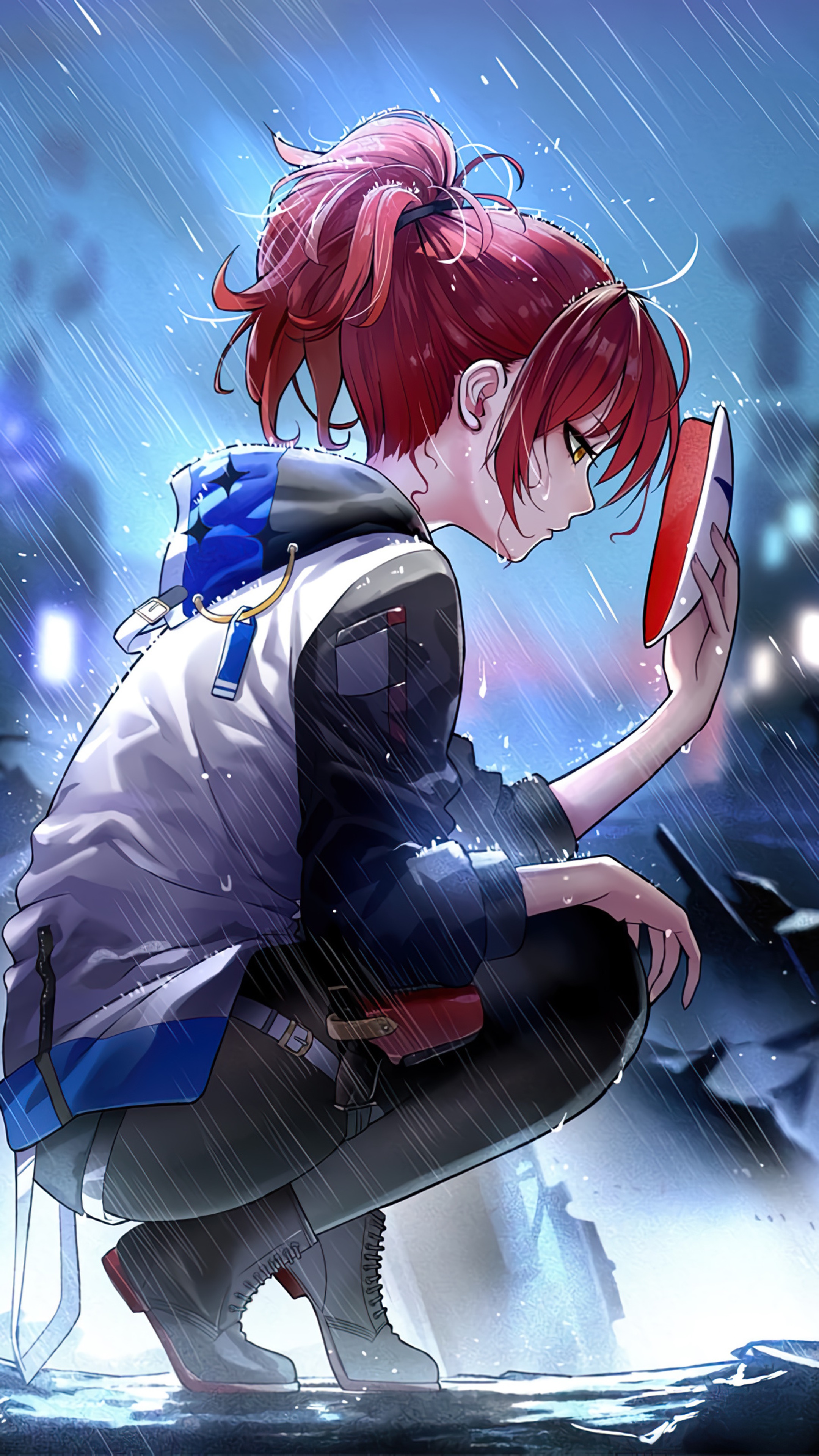 Anime girl with red hair holding a mask in the rain HD Phone Wallpaper