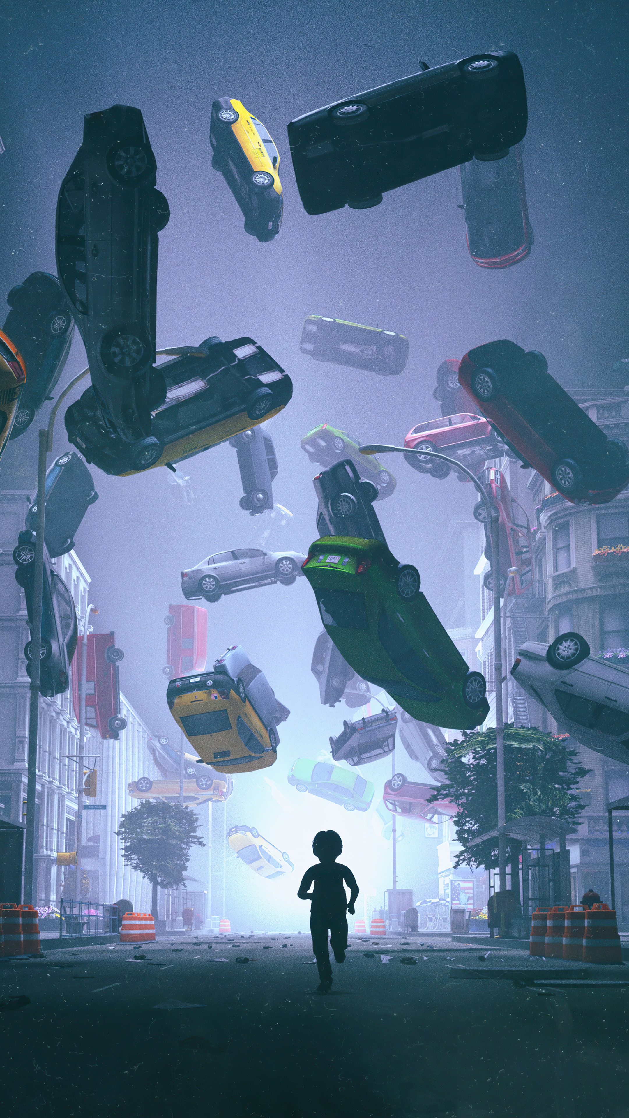 Child running through city with cars falling from sky HD Phone Wallpaper