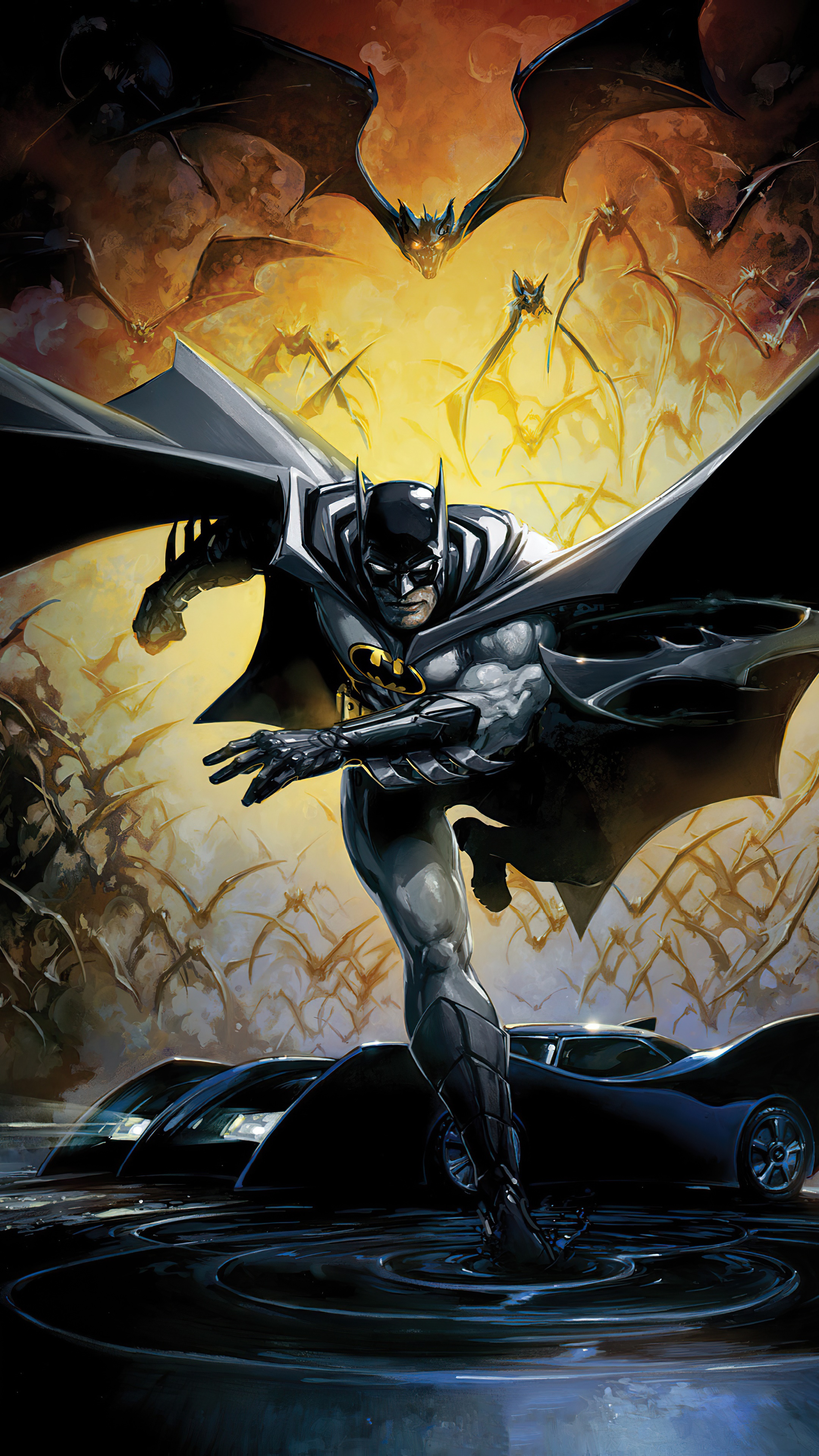 Batman with Bats and Batmobile 4K HD Phone Wallpaper