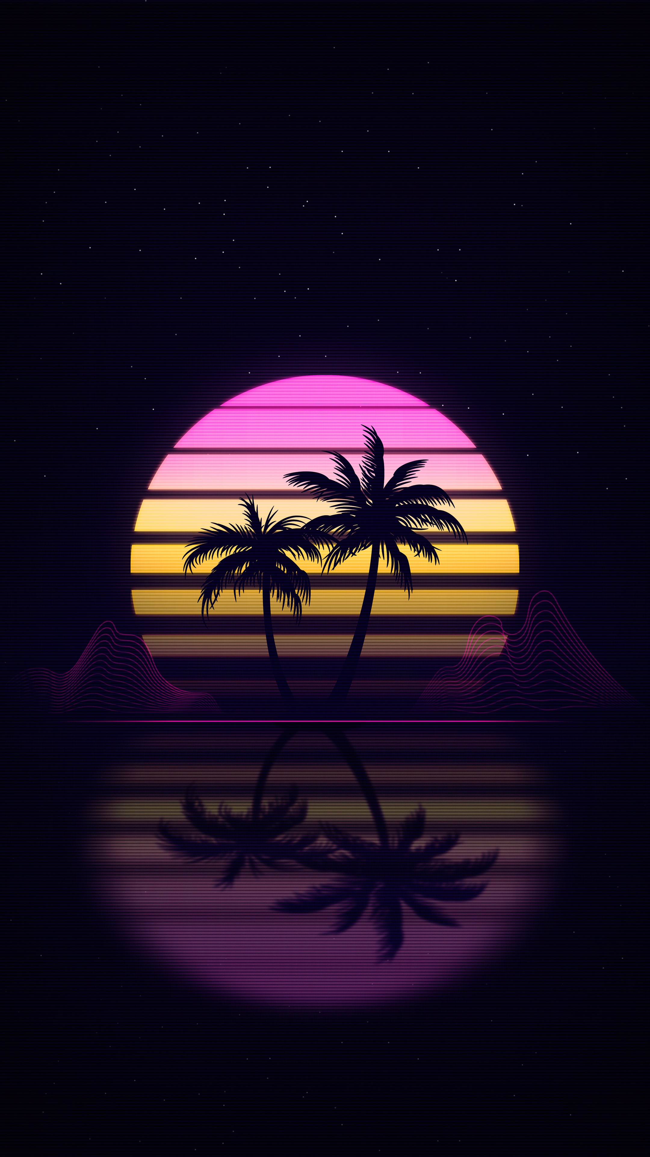Retrowave digital art with palm trees and sunset HD Phone Wallpaper