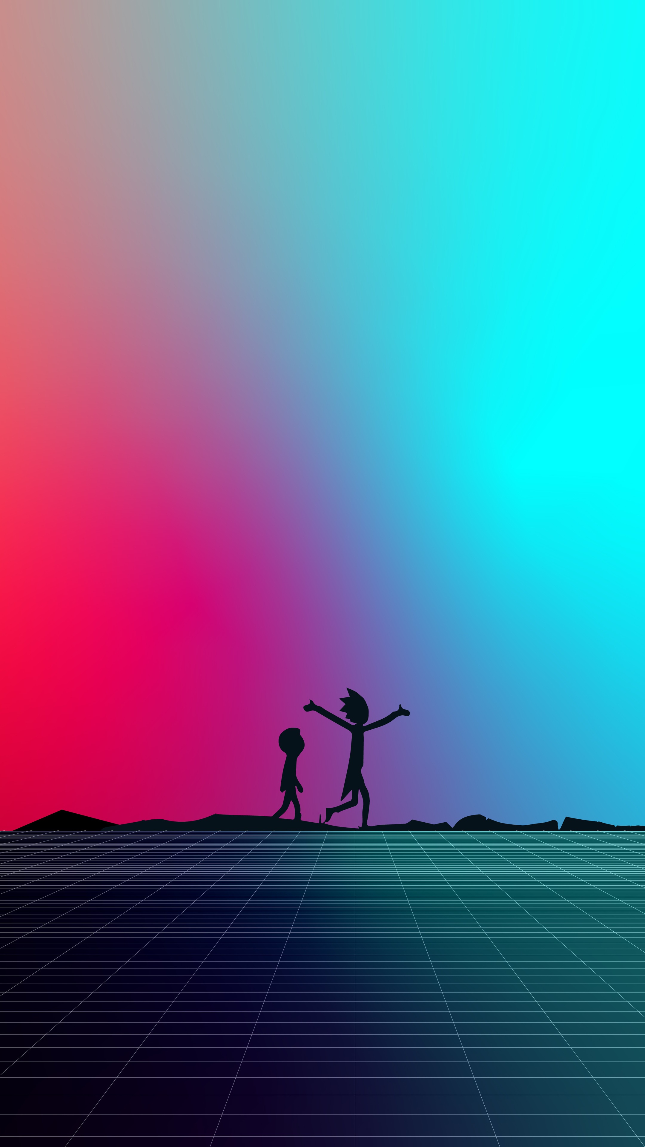 Rick and Morty silhouettes on a synthwave grid HD Phone Wallpaper