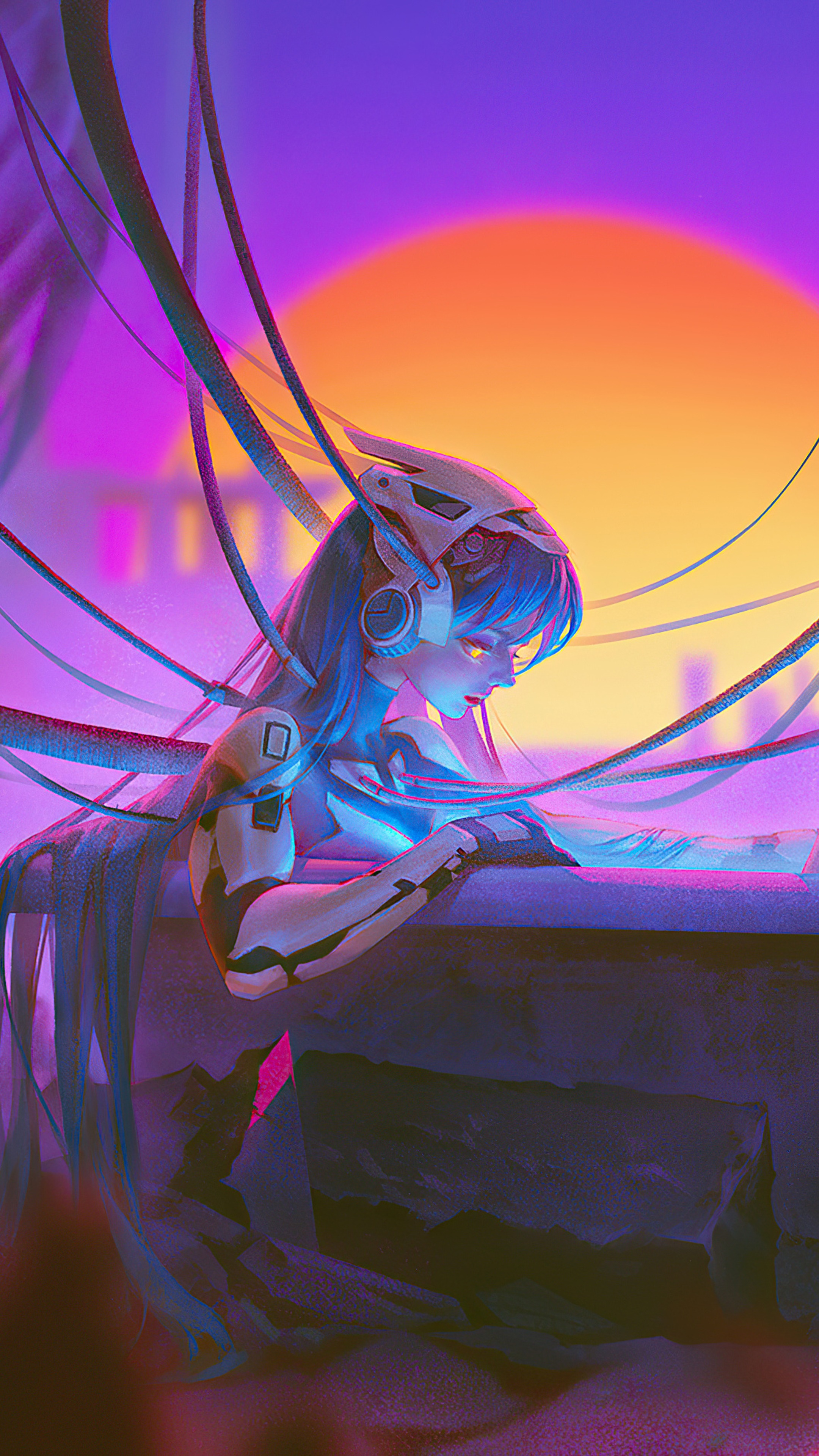 Sci-fi artwork of a cyborg girl with blue hair HD Phone Wallpaper