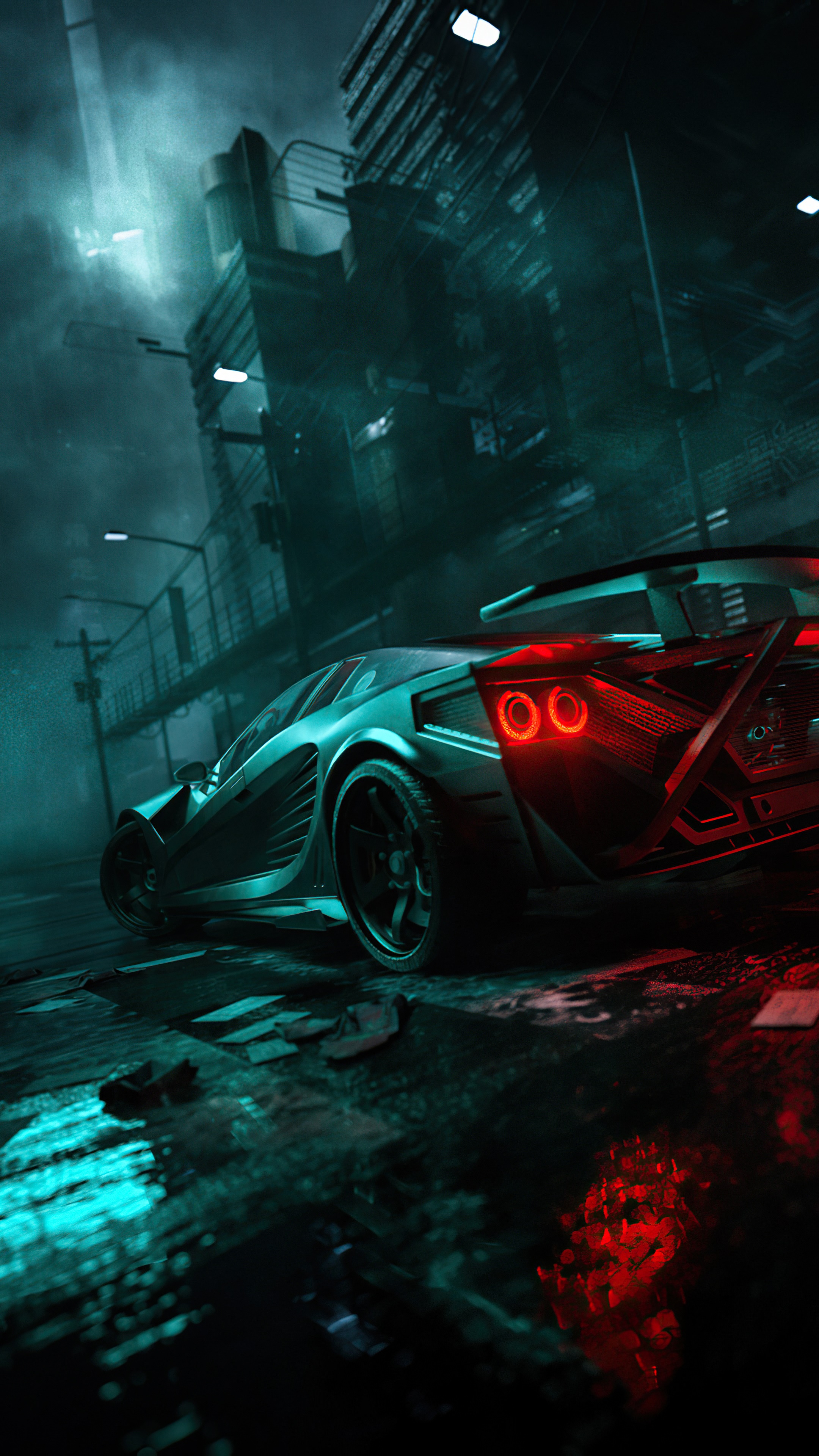 Futuristic sports car in a dark, wet city street HD Phone Wallpaper