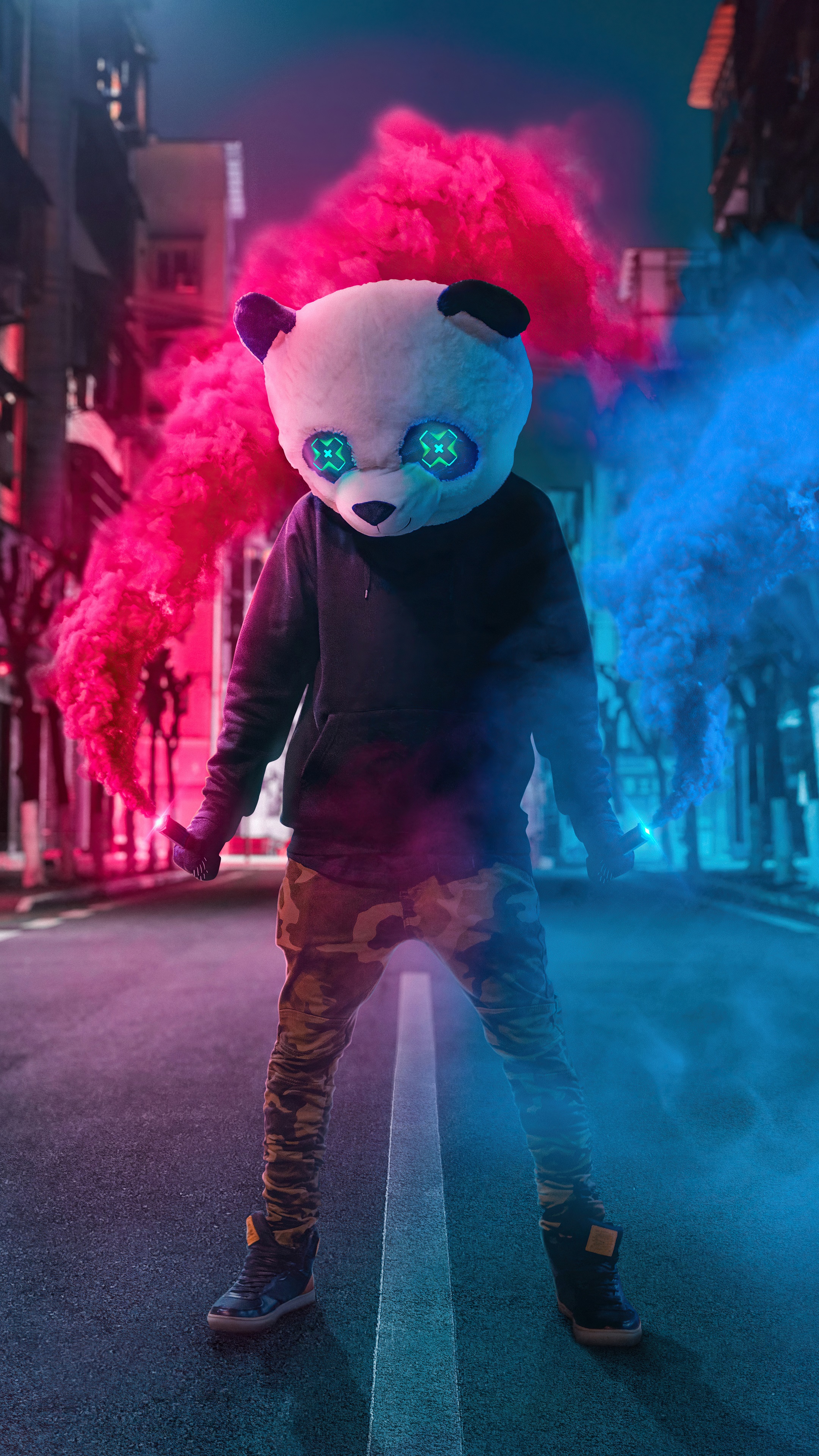 Panda artist with pink and blue smoke HD Phone Wallpaper