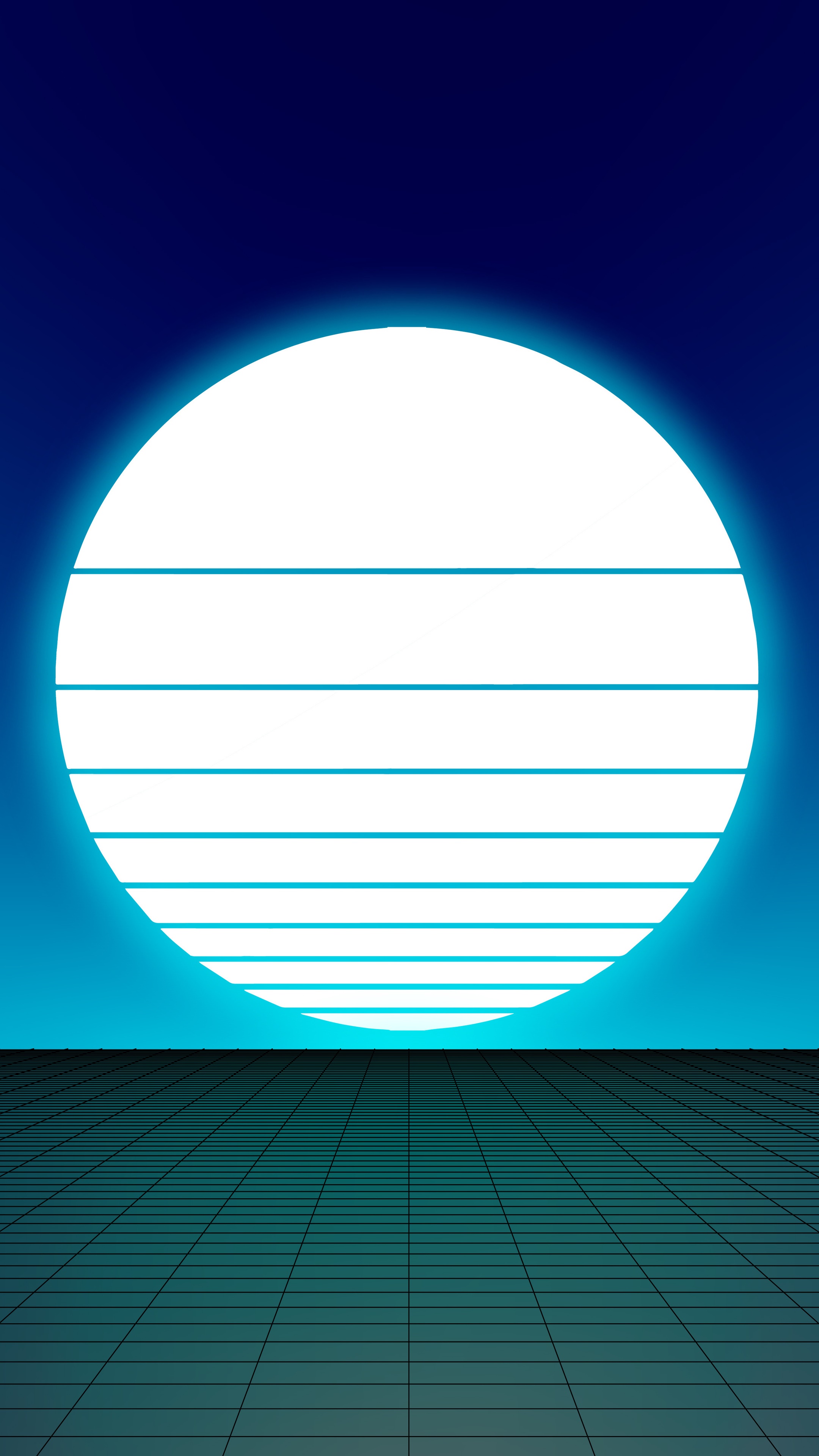 Synthwave digital art with a grid landscape and a large sun HD Phone Wallpaper