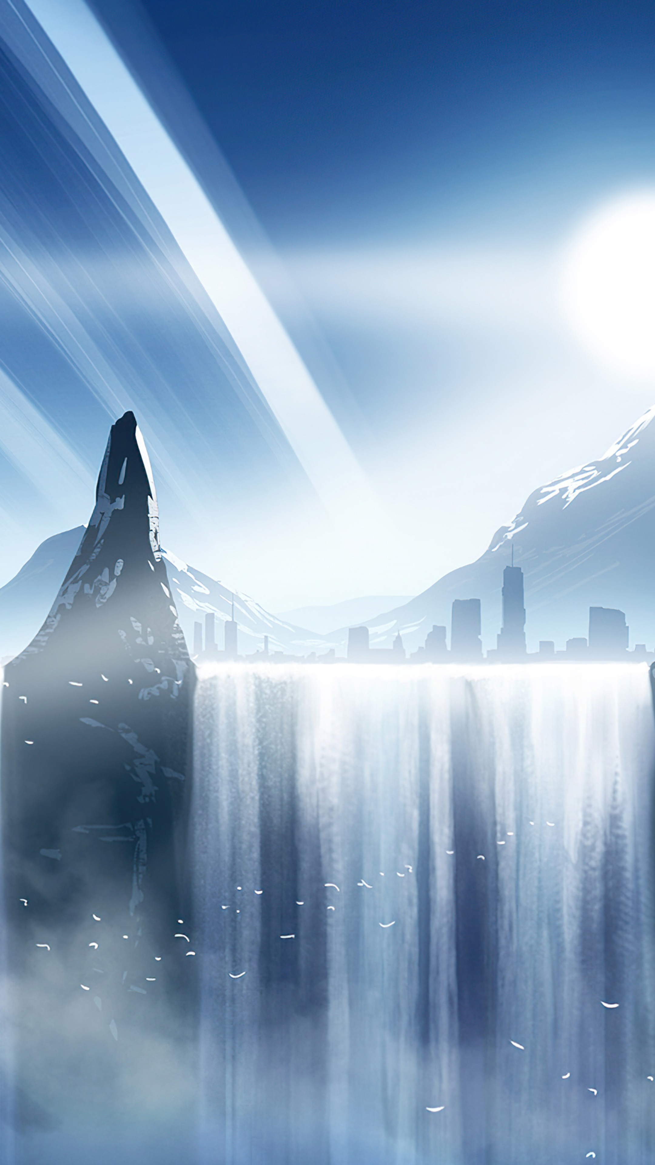 Digital art of a futuristic city behind a waterfall HD Phone Wallpaper