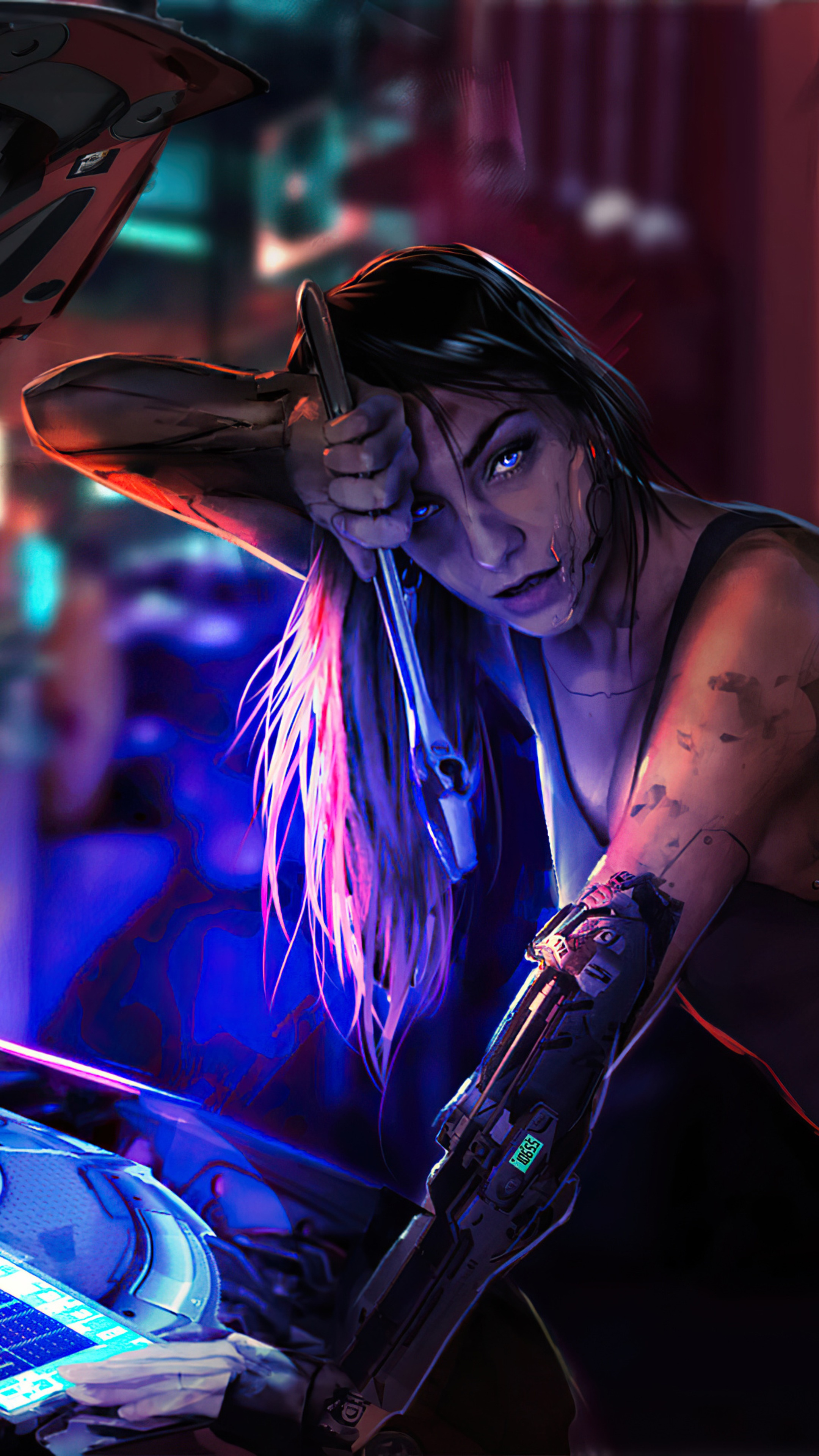 Sci-fi woman with cybernetic arm holding wrench HD Phone Wallpaper