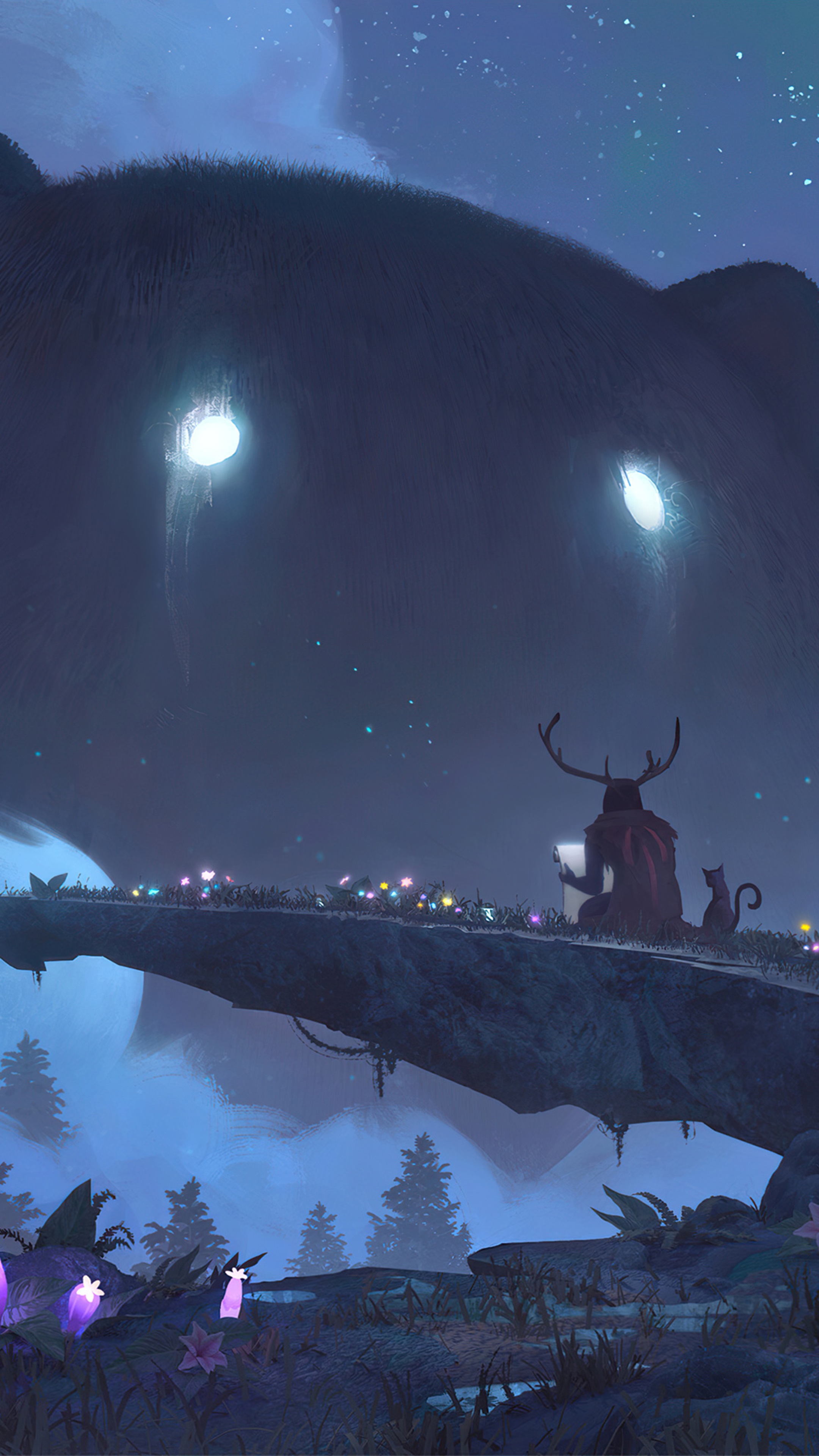 Giant creature with glowing eyes over a person and cat HD Phone Wallpaper