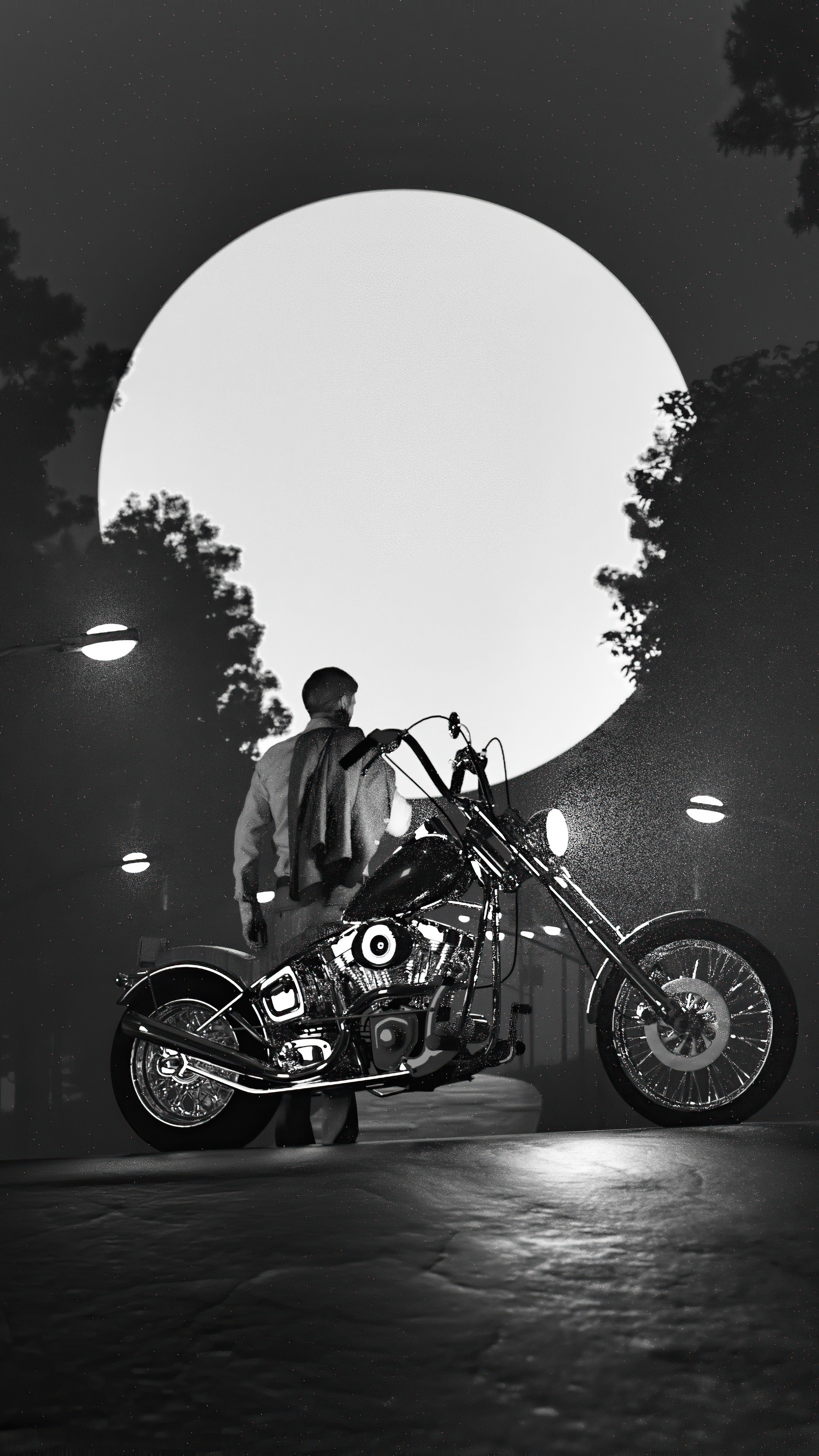 Biker with motorcycle under a large moon HD Phone Wallpaper