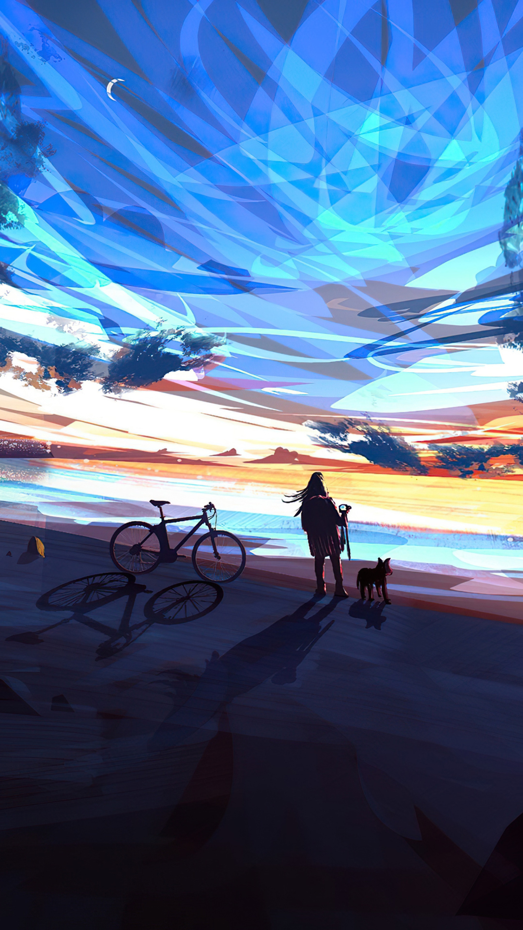 Digital art with a person and dog on a beach HD Phone Wallpaper