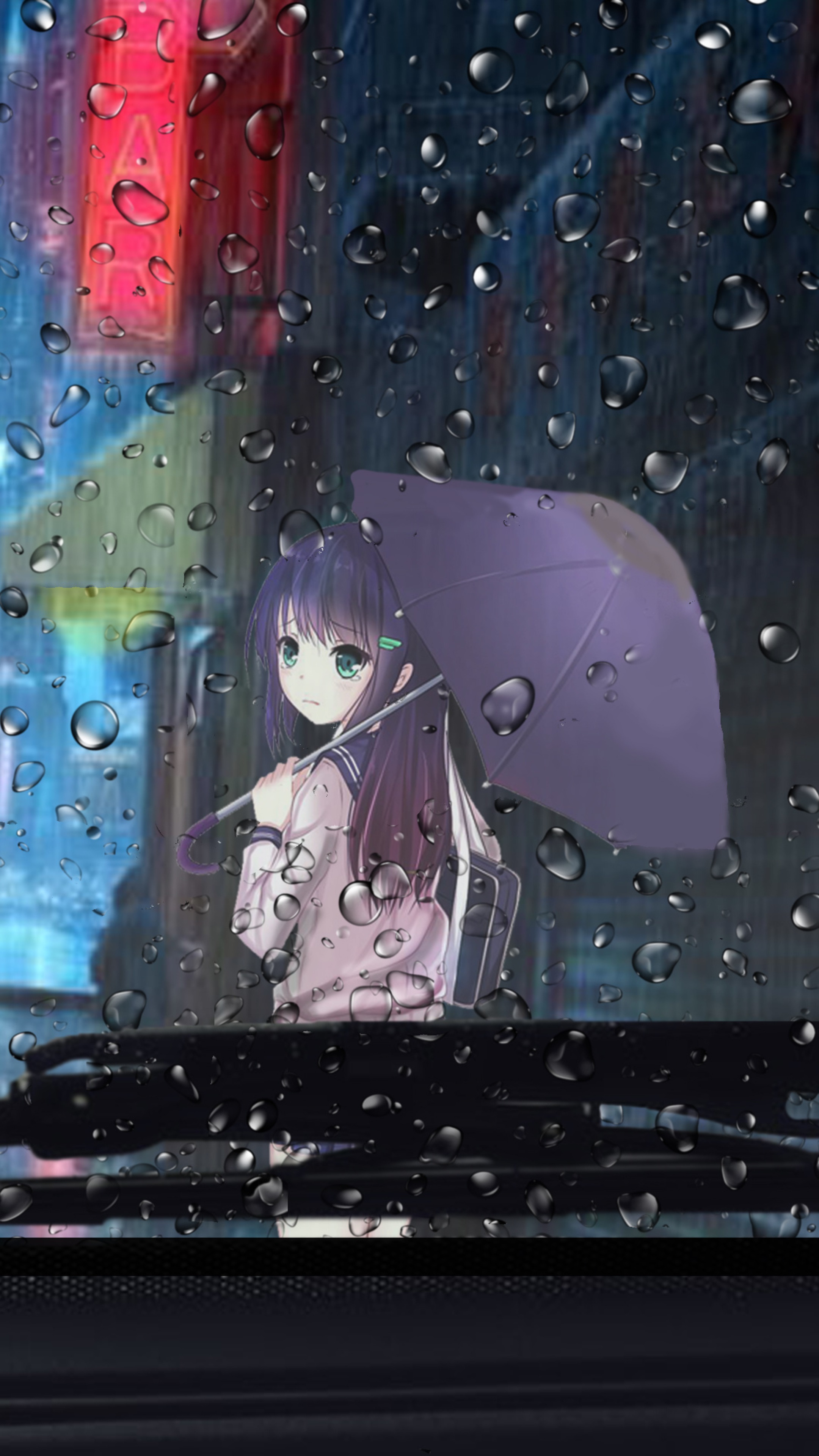 Anime girl with umbrella in the rain HD Phone Wallpaper