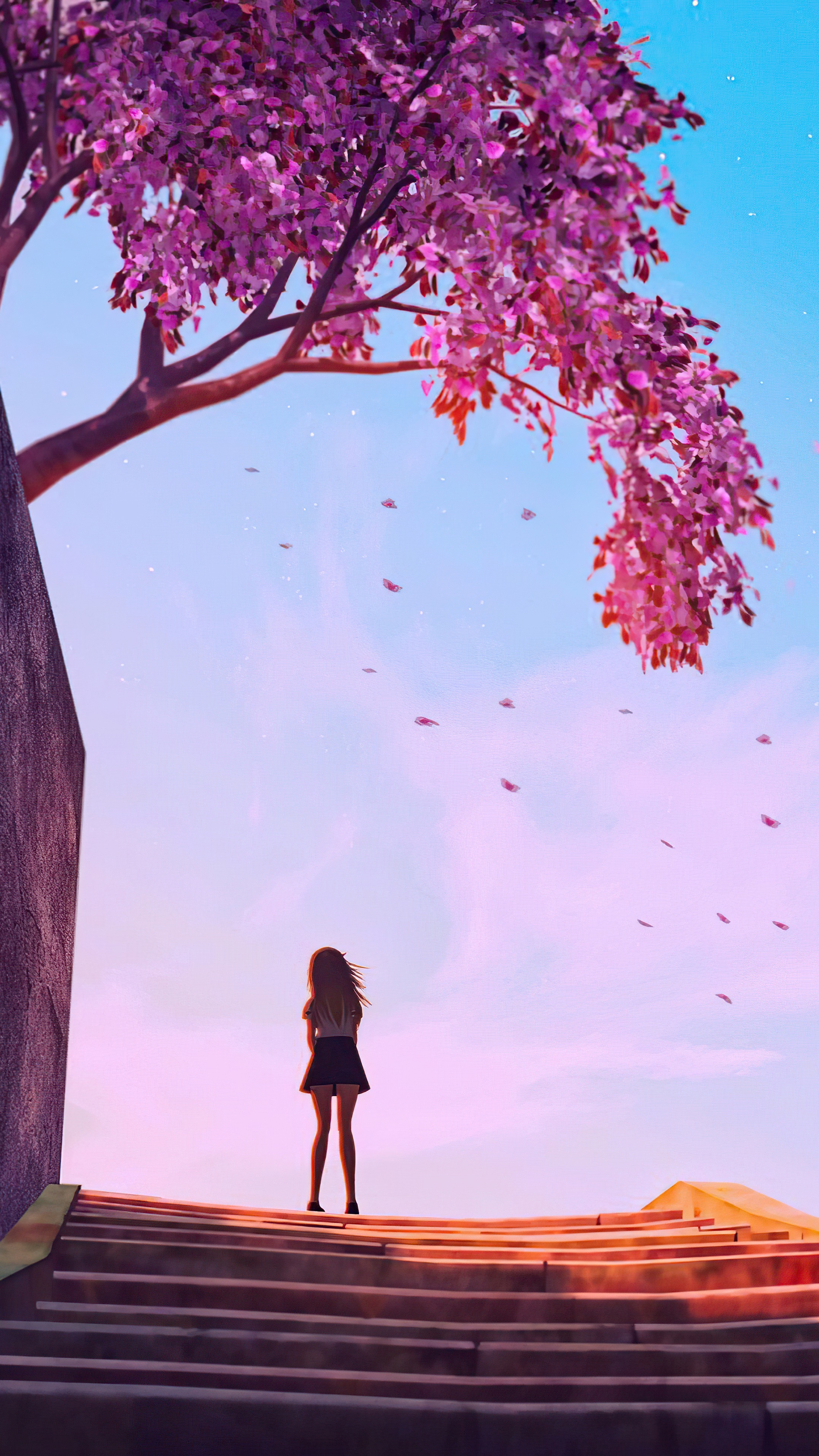 Girl on stairs under cherry blossom tree HD Phone Wallpaper
