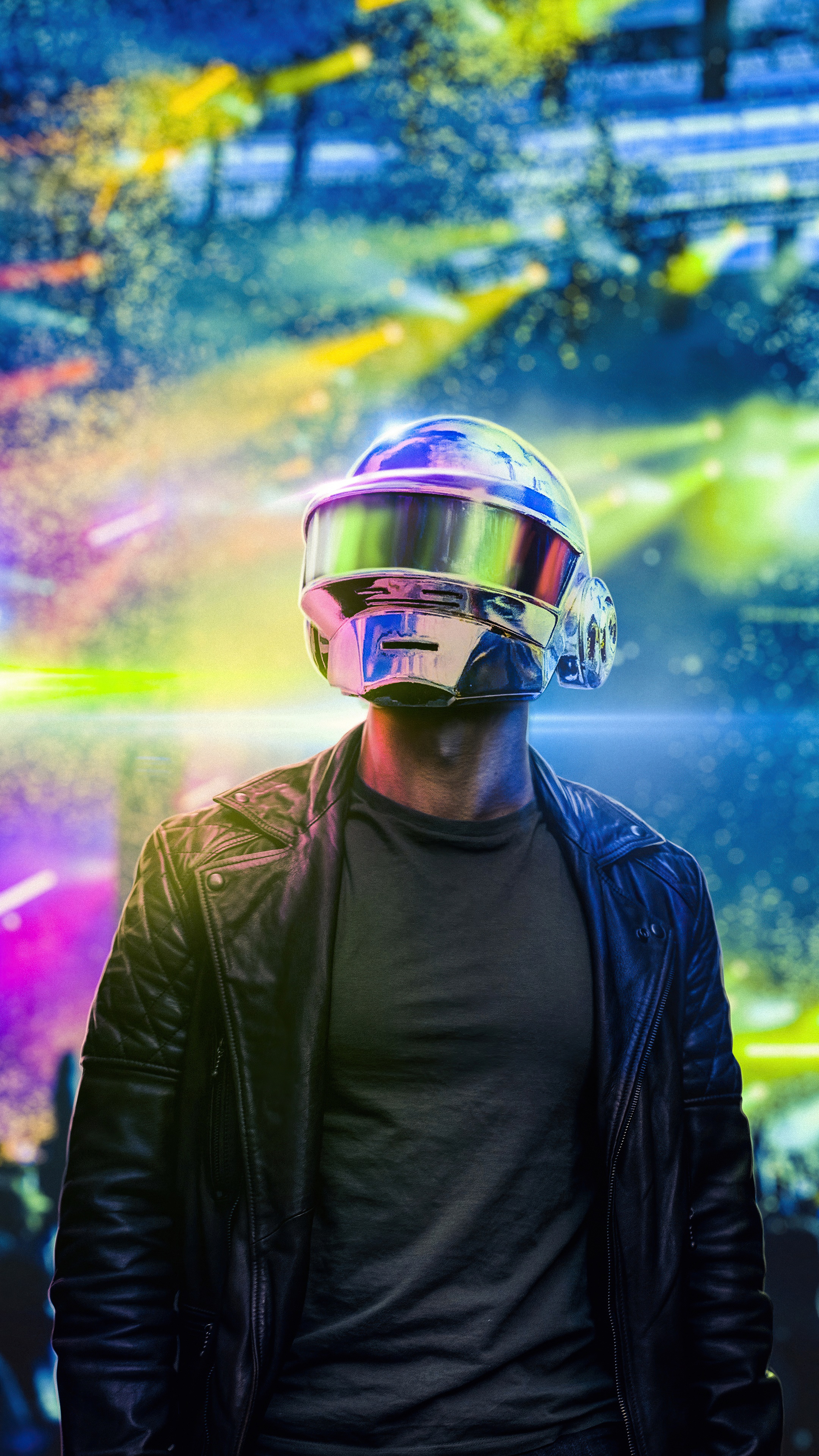 Daft Punk member in helmet and leather jacket HD Phone Wallpaper