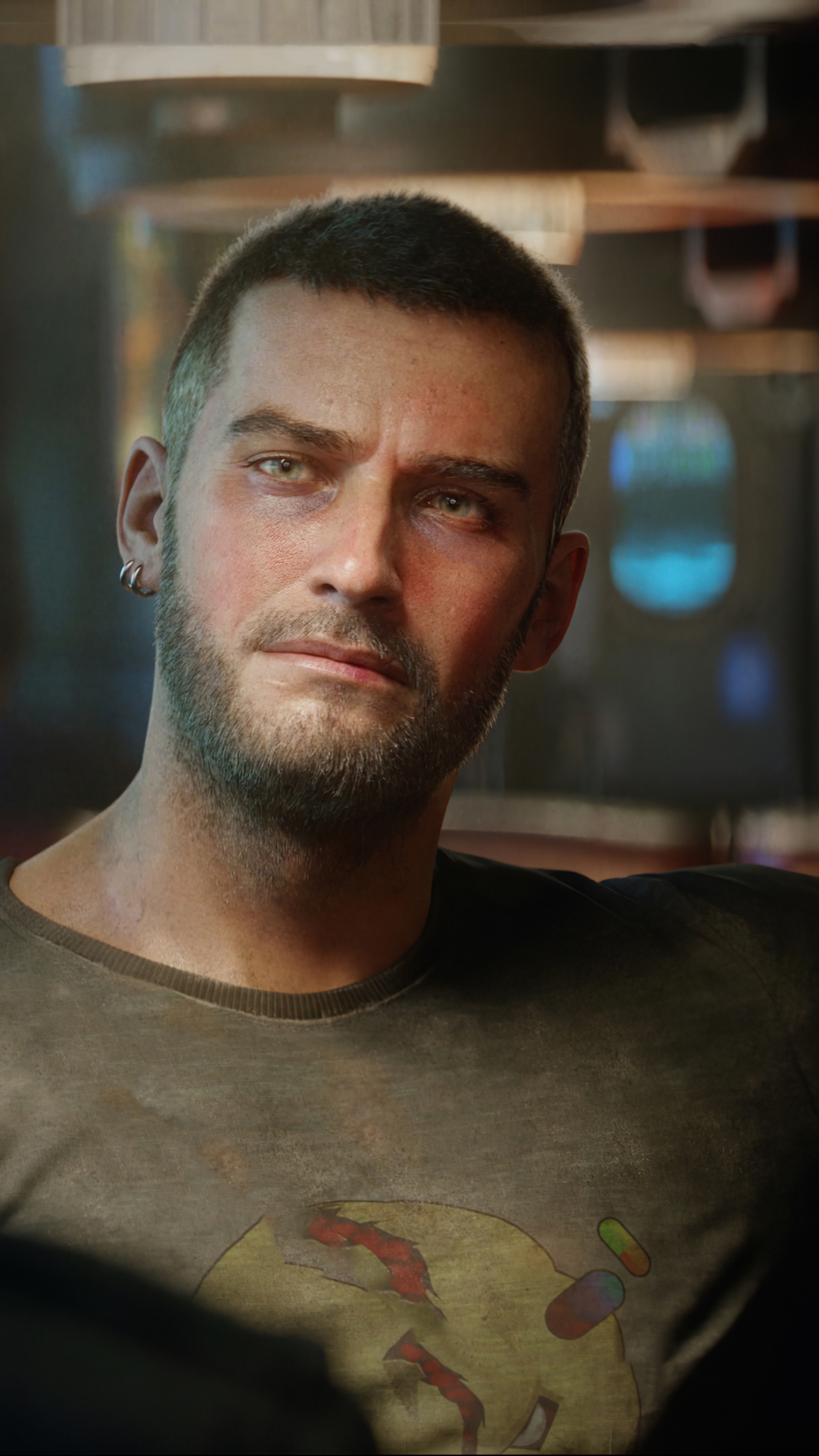 Man with earring and t-shirt in Cyberpunk 2077 4K HD Phone Wallpaper