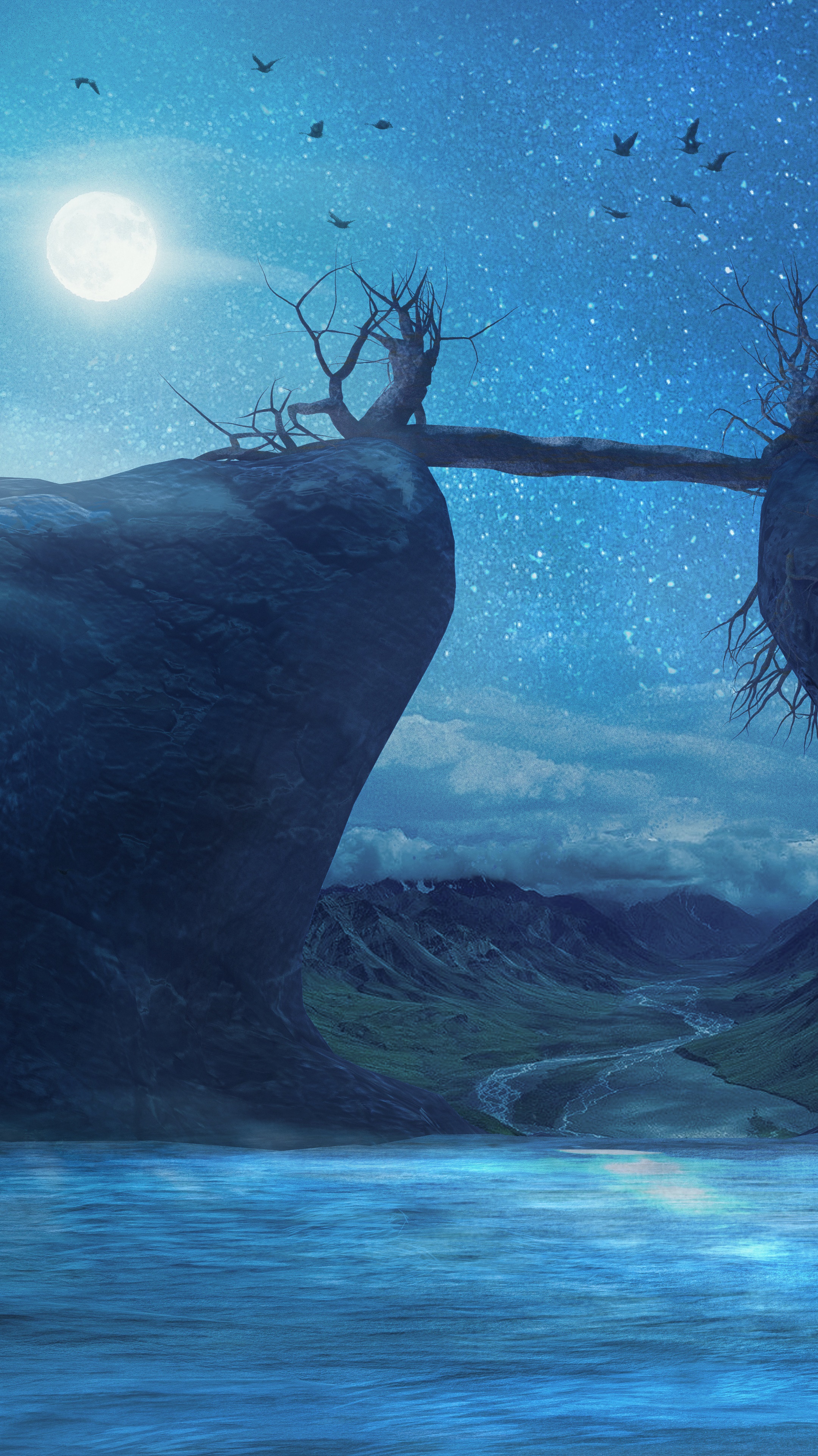 Night landscape with moon and starry sky HD Phone Wallpaper
