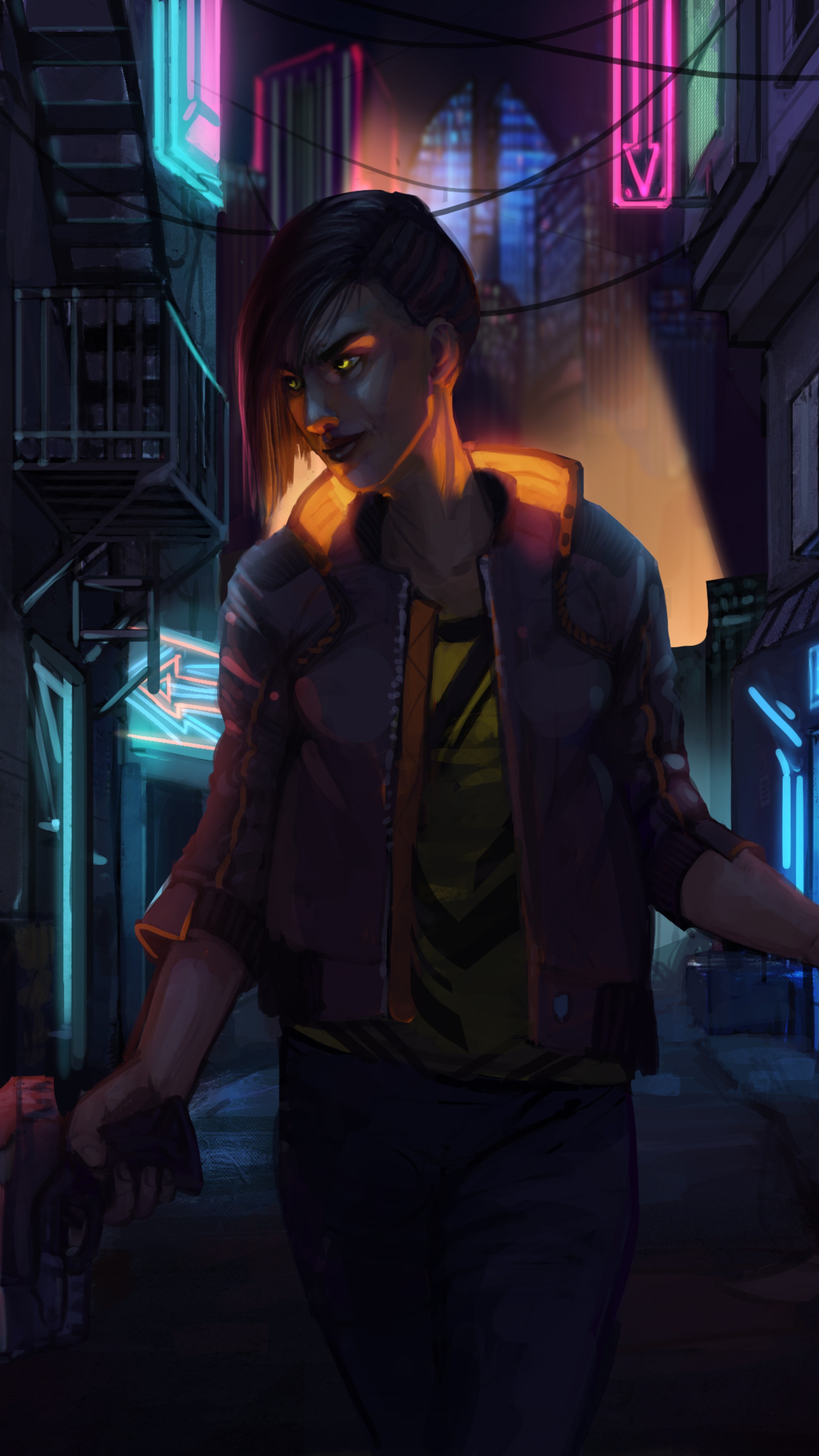 Woman in a cyberpunk alleyway HD Phone Wallpaper