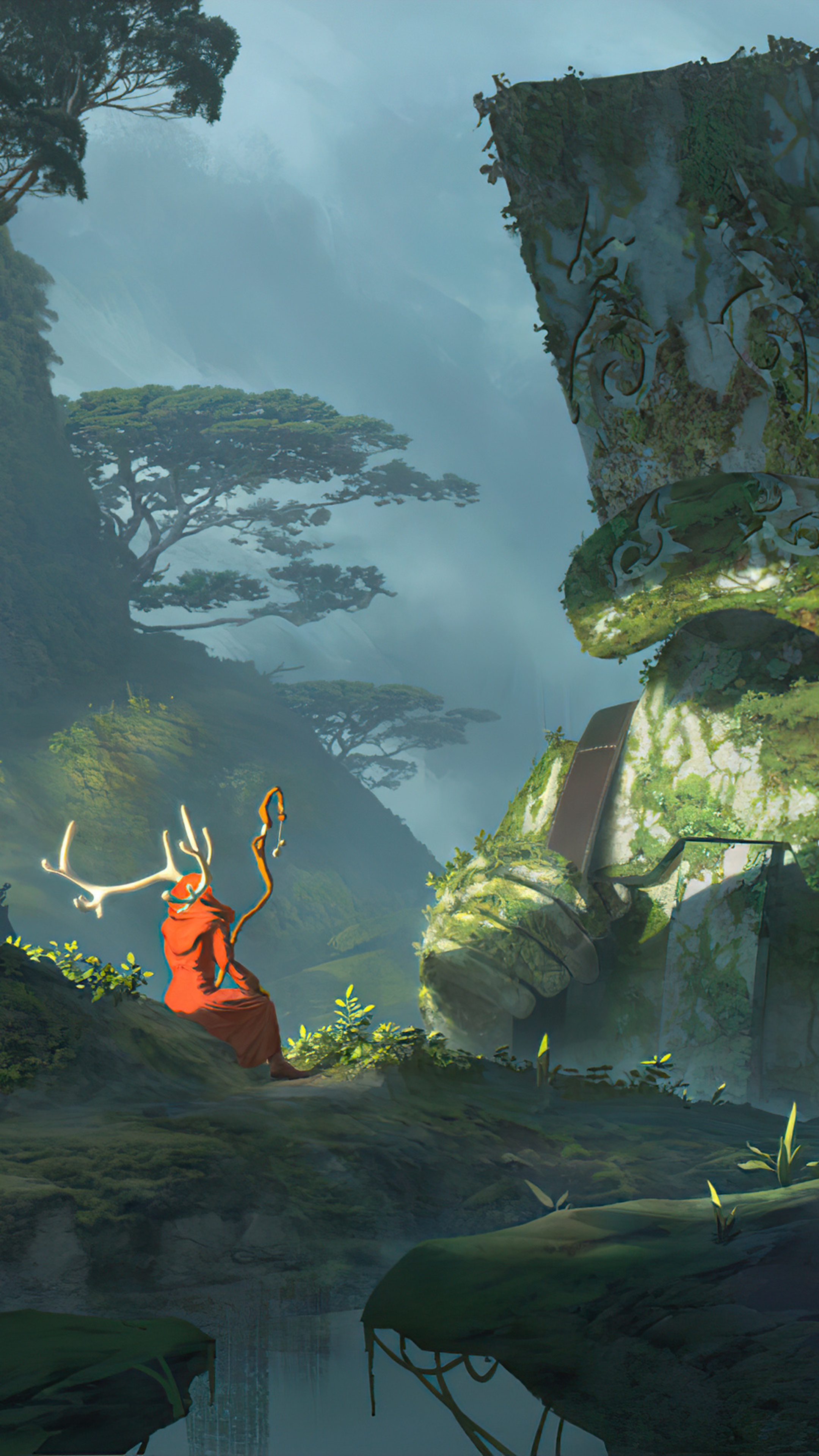 Fantasy character with antlers and orange robe HD Phone Wallpaper