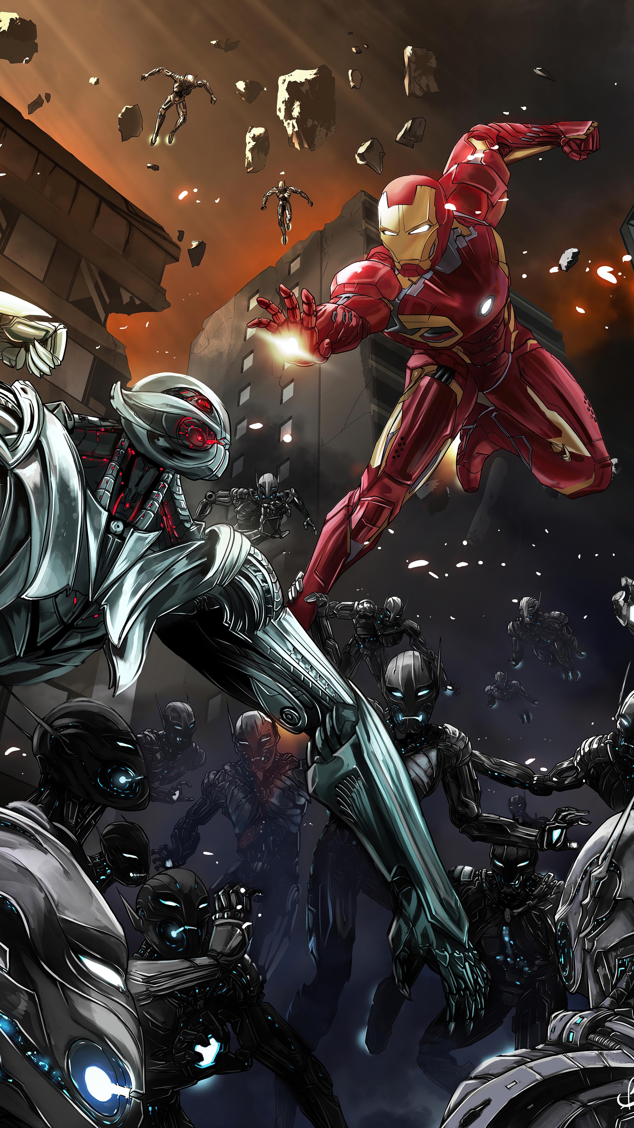 Iron Man fighting Ultron and his army HD Phone Wallpaper