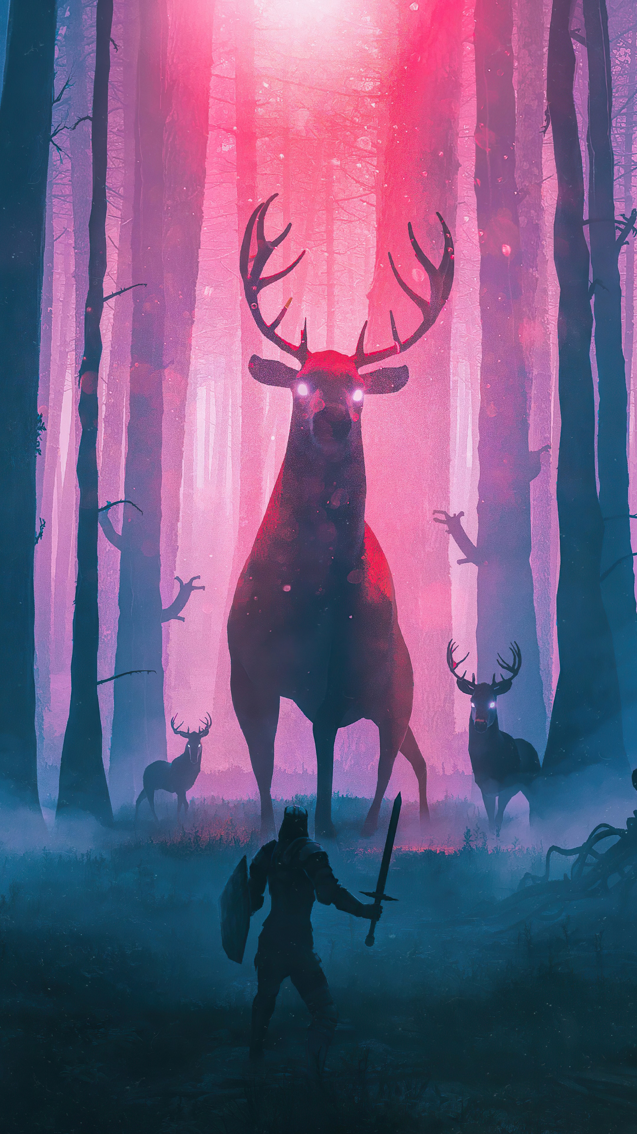 Giant glowing reindeer in a forest with a knight HD Phone Wallpaper